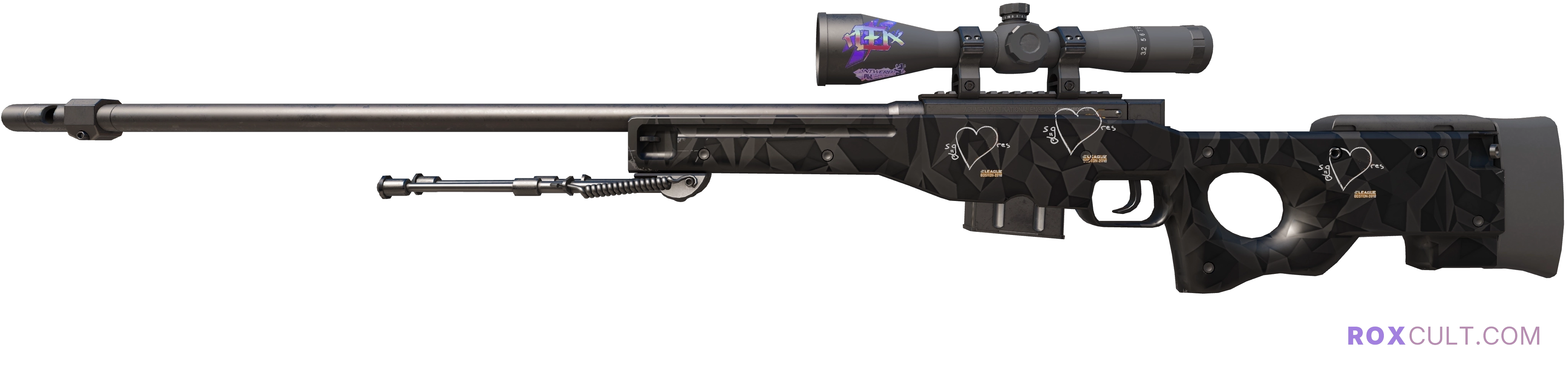 AWP | Graphite (Factory New) — rox (Holo) Antwerp 2022 craft, playside view with 1 rox (Holo) sticker