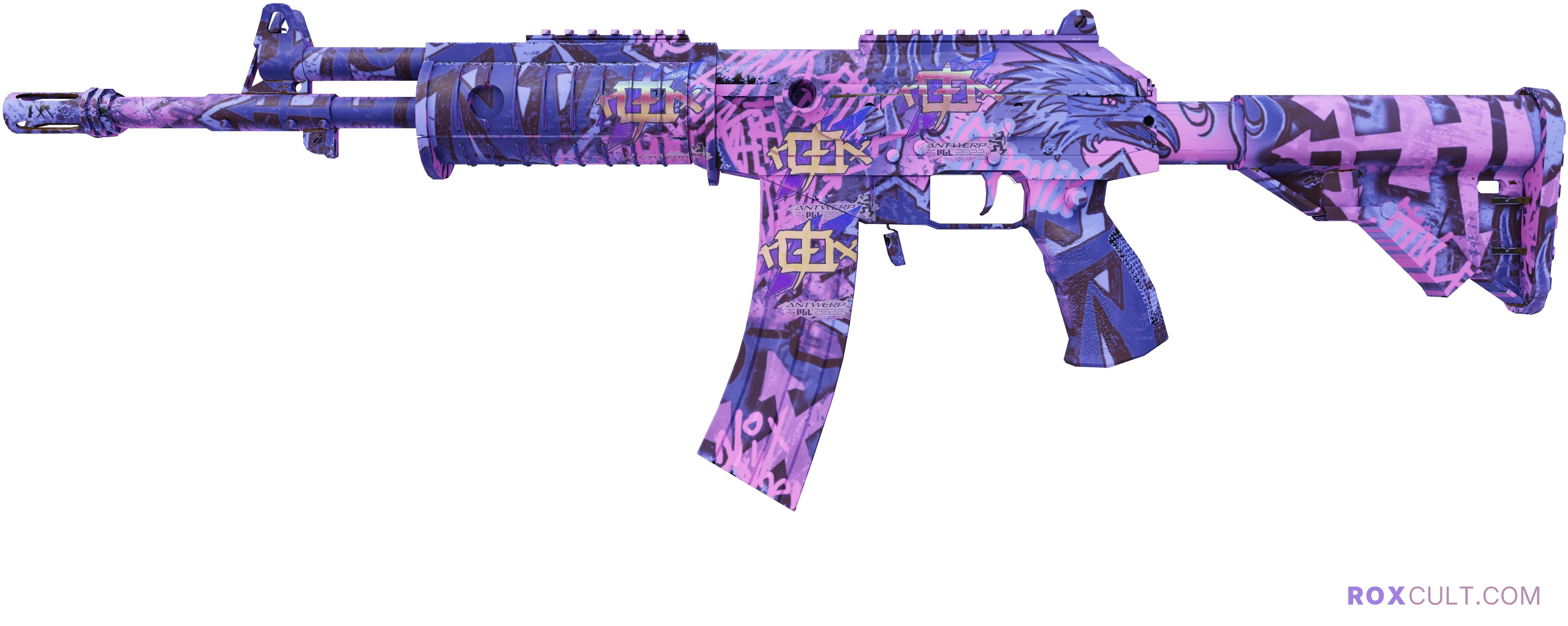 Galil AR | Phoenix Blacklight (Factory New) — rox (Holo) Antwerp 2022 craft, playside view with 4 rox (Holo) stickers