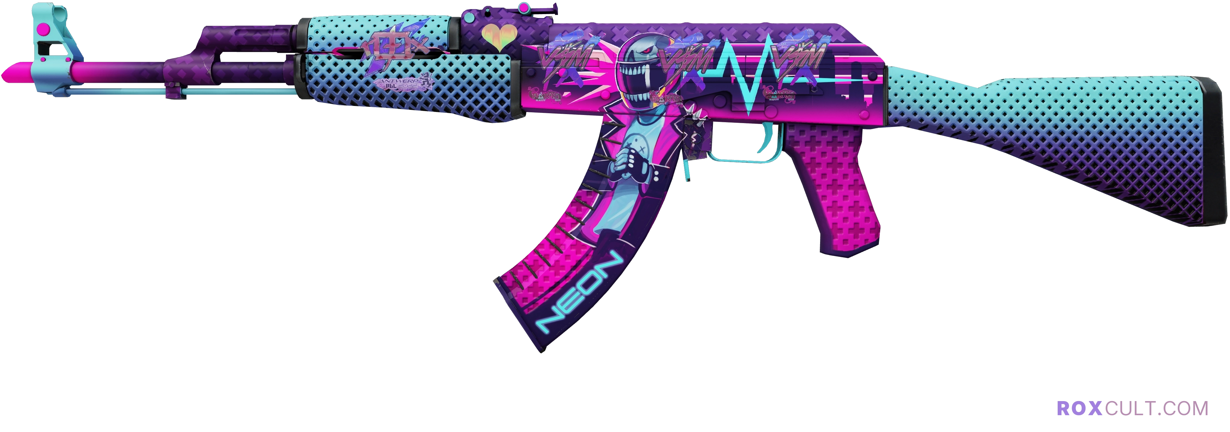 AK-47 | Neon Rider (Factory New) — rox (Holo) Antwerp 2022 craft, playside view with 1 rox (Holo) sticker