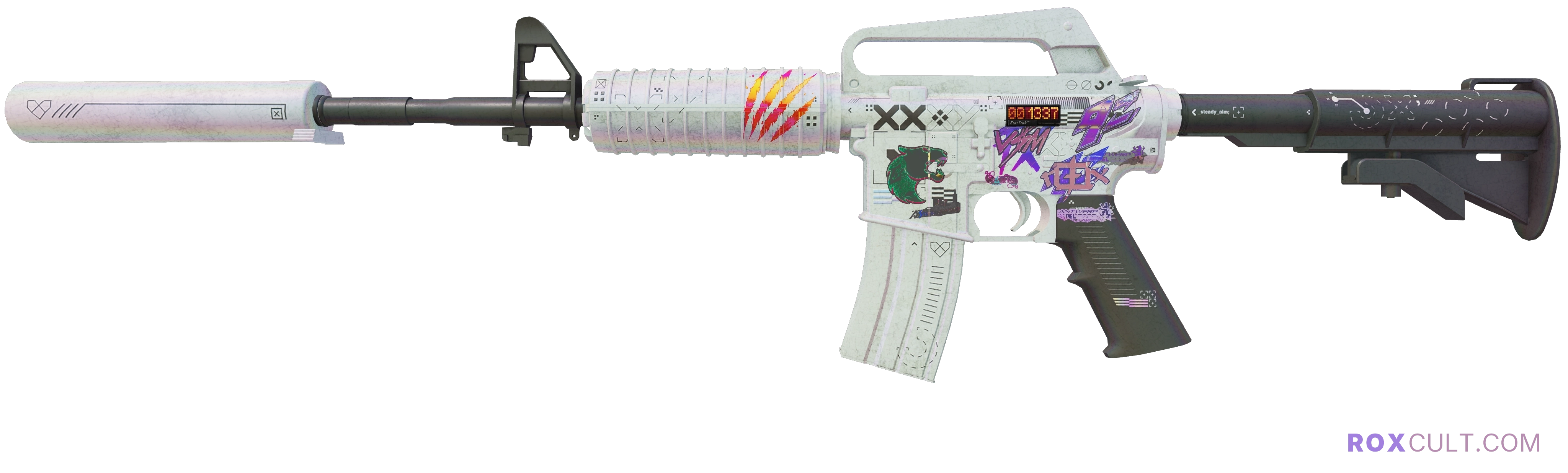 StatTrak™ M4A1-S | Printstream (Battle-Scarred) — rox (Holo) Antwerp 2022 craft, playside view with 1 rox (Holo) sticker