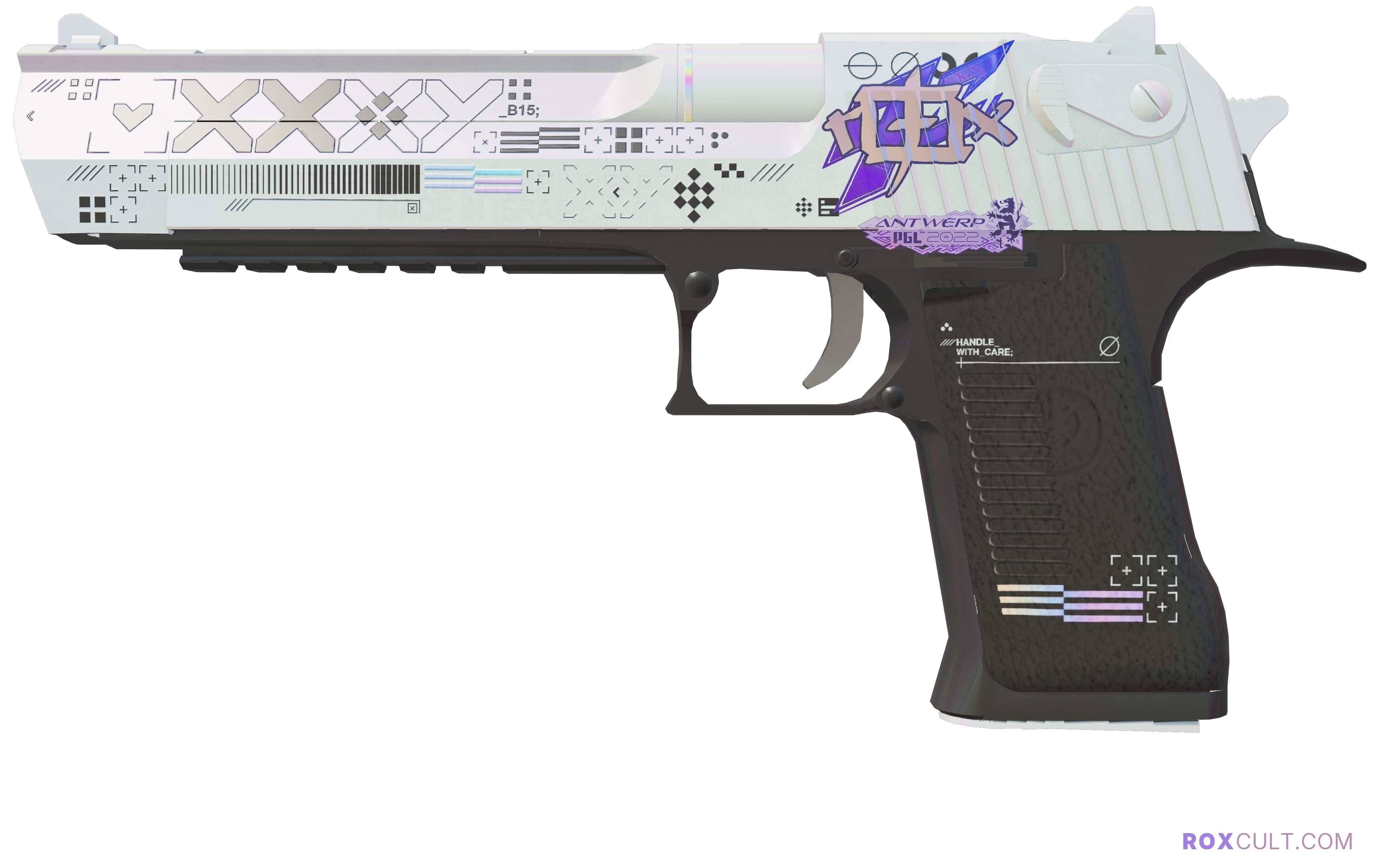 Desert Eagle | Printstream (Factory New) — rox (Holo) Antwerp 2022 craft, playside view with 1 rox (Holo) sticker