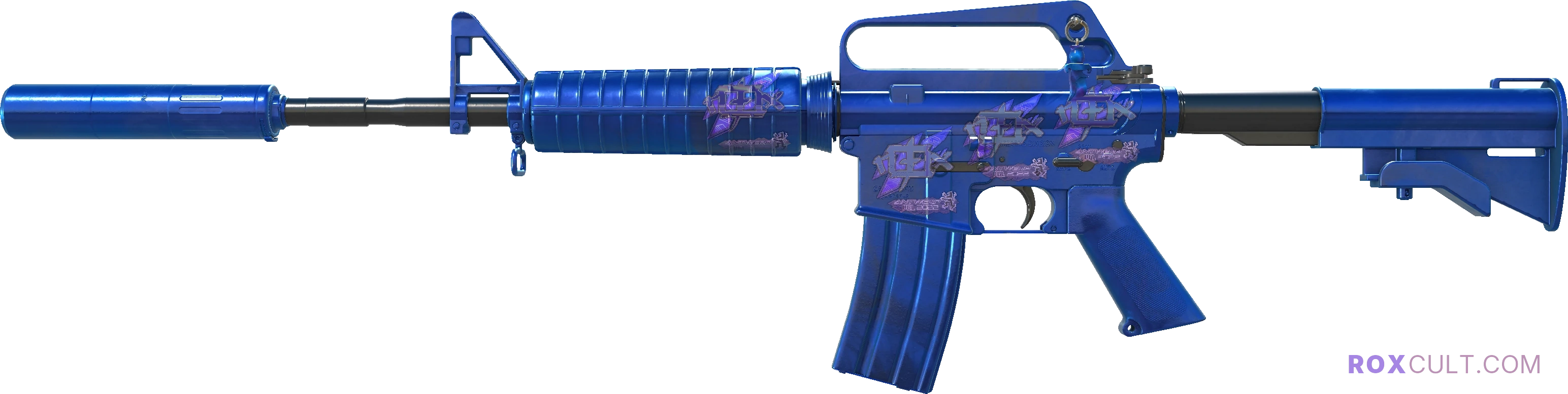 M4A1-S | Blue Phosphor (Factory New) — rox (Holo) Antwerp 2022 craft, playside view with 4 rox (Holo) stickers