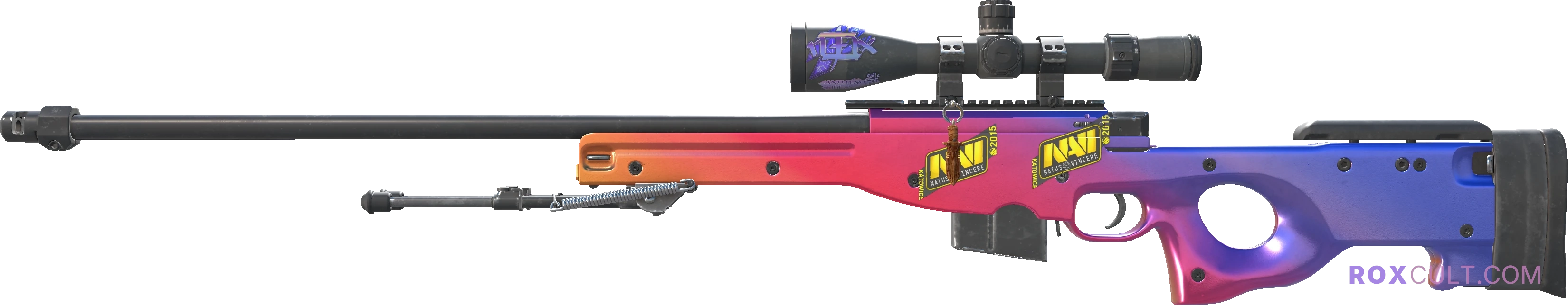 AWP | Fade (Factory New) — rox (Holo) Antwerp 2022 craft, playside view with 1 rox (Holo) sticker