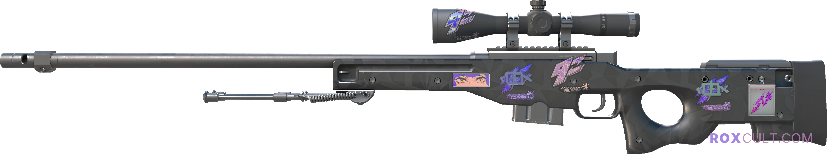 AWP | Graphite (Factory New) — rox (Holo) Antwerp 2022 craft, playside view with 2 rox (Holo) stickers