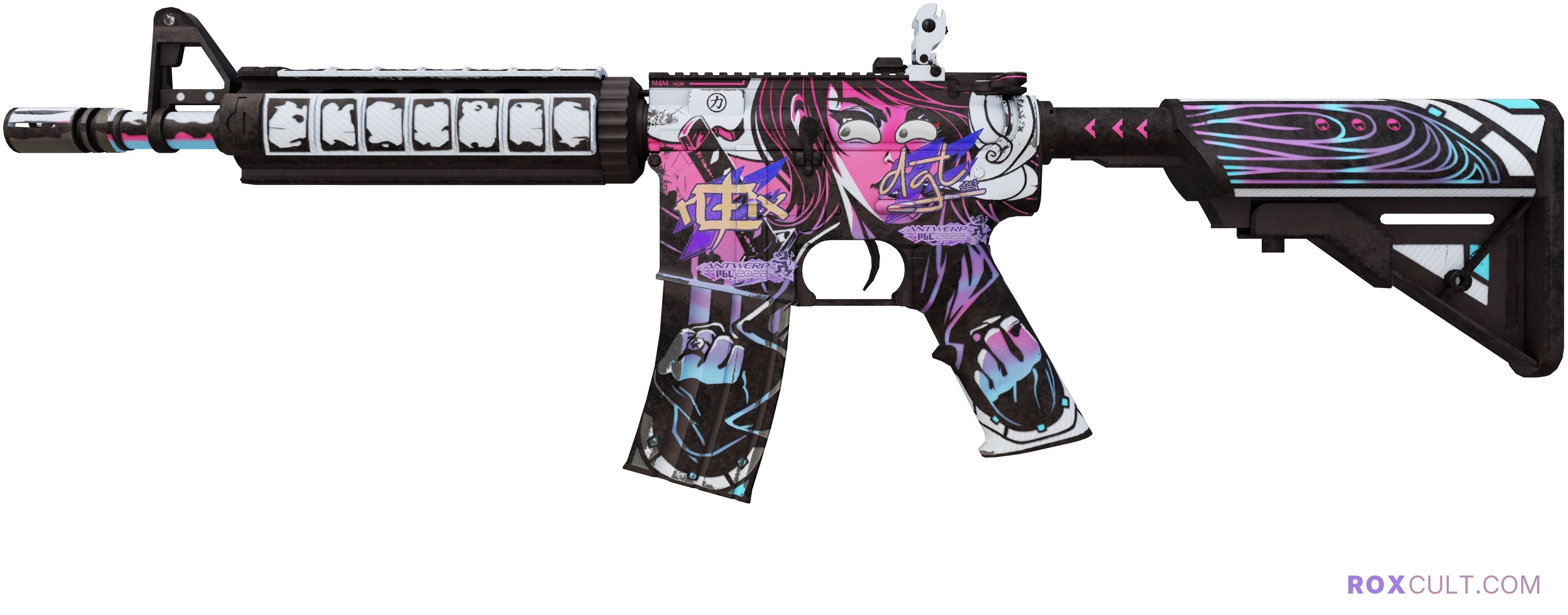 M4A4 | Neo-Noir (Minimal Wear) — rox (Holo) Antwerp 2022 craft, playside view with 1 rox (Holo) sticker
