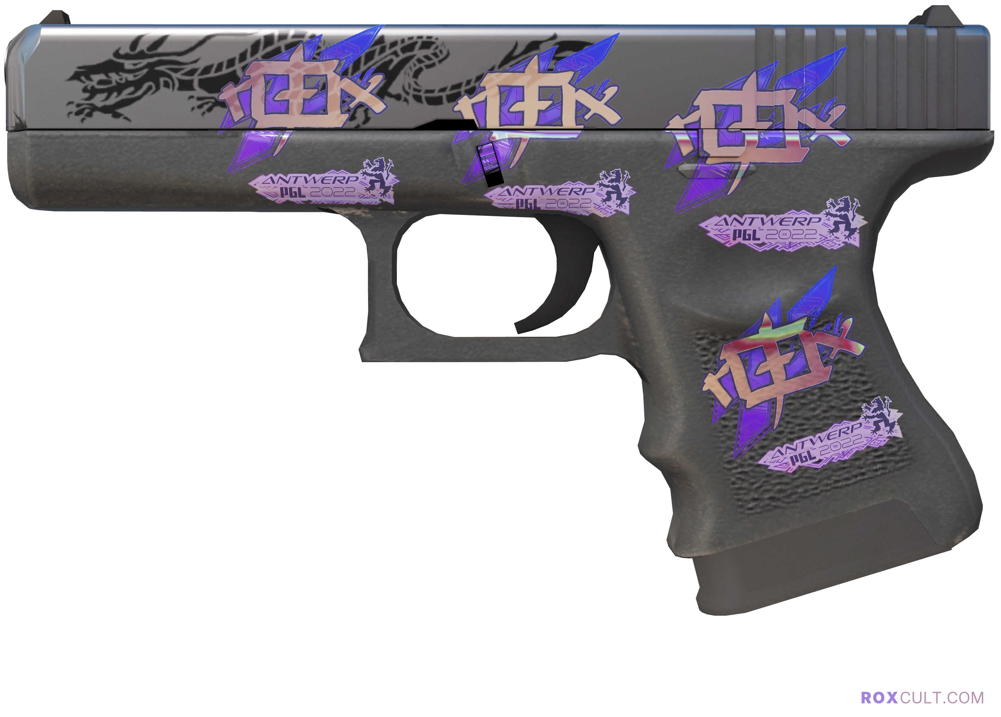 Glock-18 | Dragon Tattoo (Factory New) — rox (Holo) Antwerp 2022 craft, playside view with 4 rox (Holo) stickers