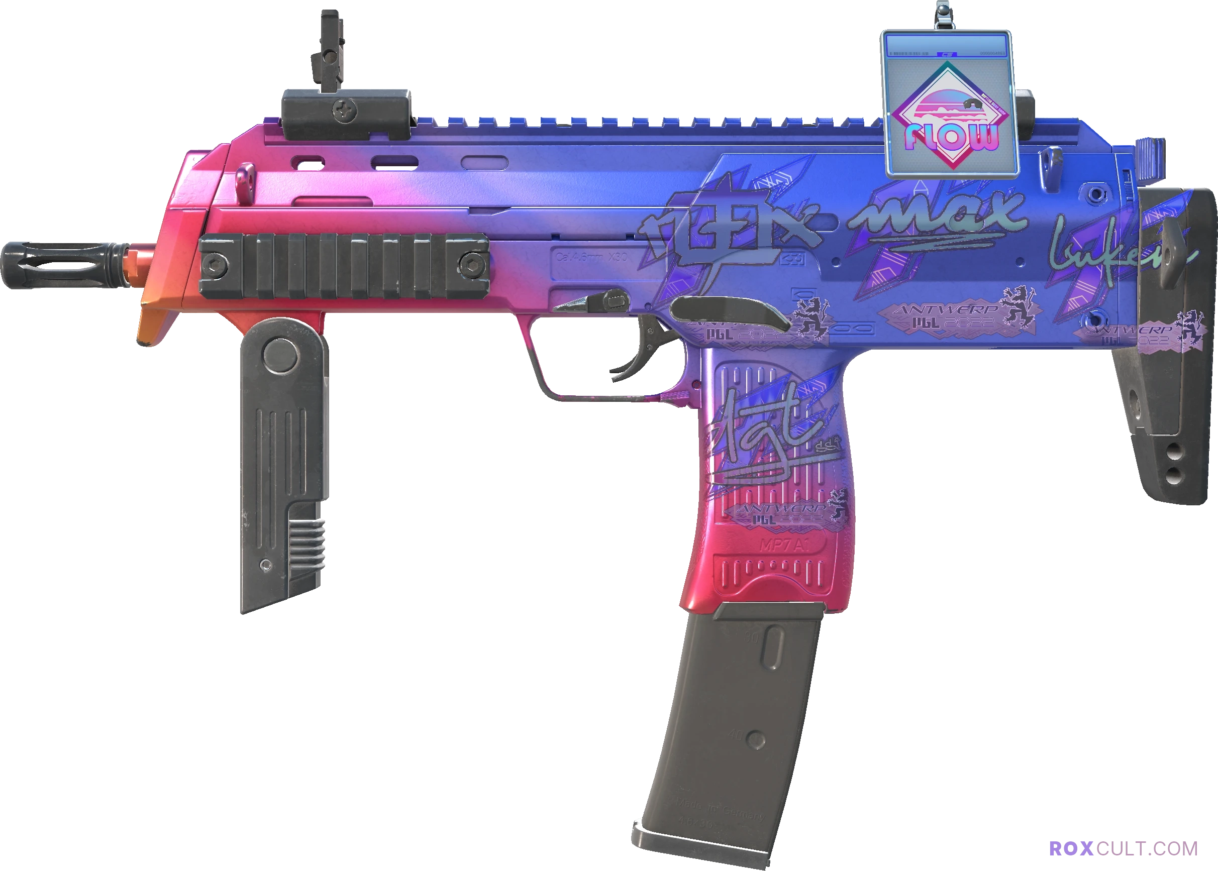 MP7 | Fade (Factory New) — rox (Holo) Antwerp 2022 craft, playside view with 1 rox (Holo) sticker