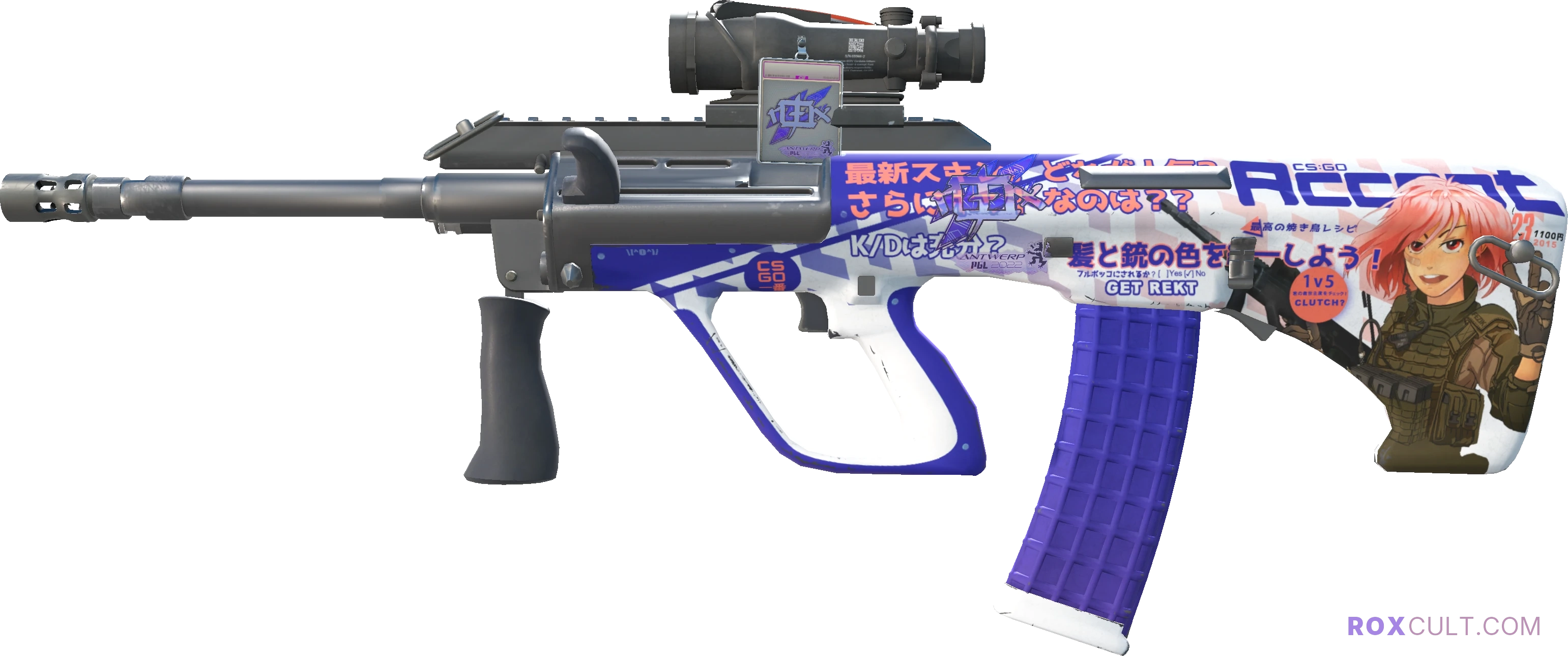 AUG | Akihabara Accept (Minimal Wear) — rox (Holo) Antwerp 2022 craft, playside view with 1 rox (Holo) sticker