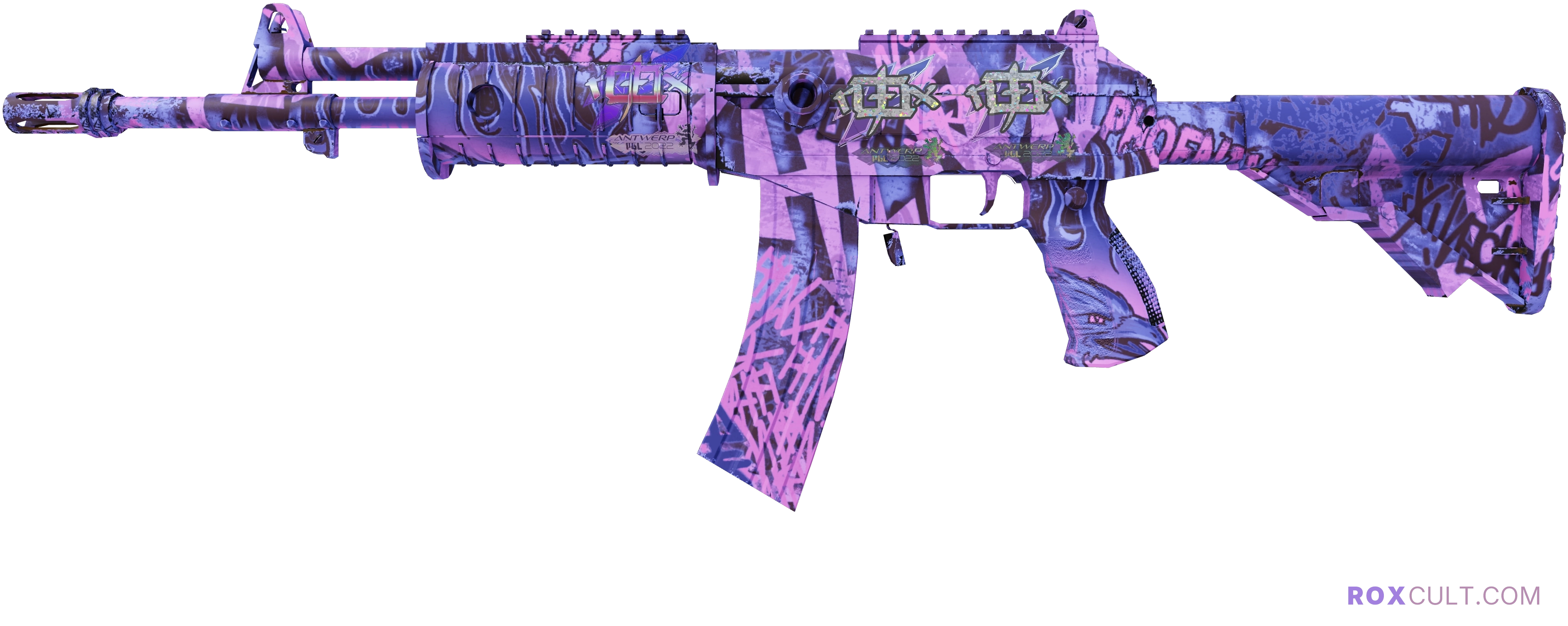 Galil AR | Phoenix Blacklight (Factory New) — rox (Holo) Antwerp 2022 craft, playside view with 1 rox (Holo) sticker