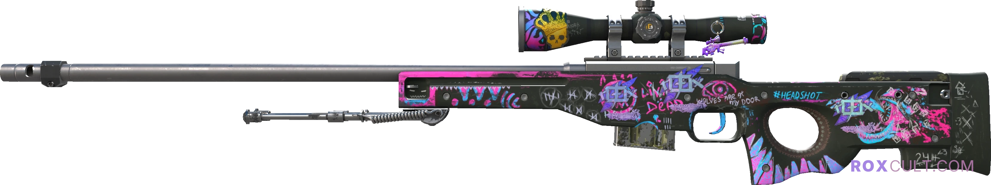 AWP | Fever Dream (Factory New) — rox (Holo) Antwerp 2022 craft, playside view with 3 rox (Holo) stickers