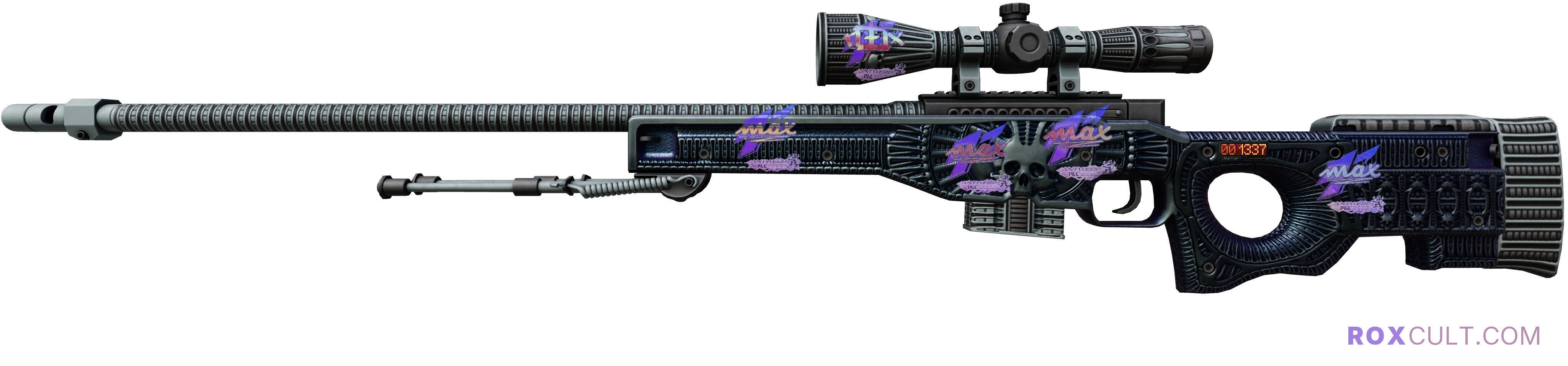 StatTrak™ AWP | Exoskeleton (Factory New) — rox (Holo) Antwerp 2022 craft, playside view with 1 rox (Holo) sticker