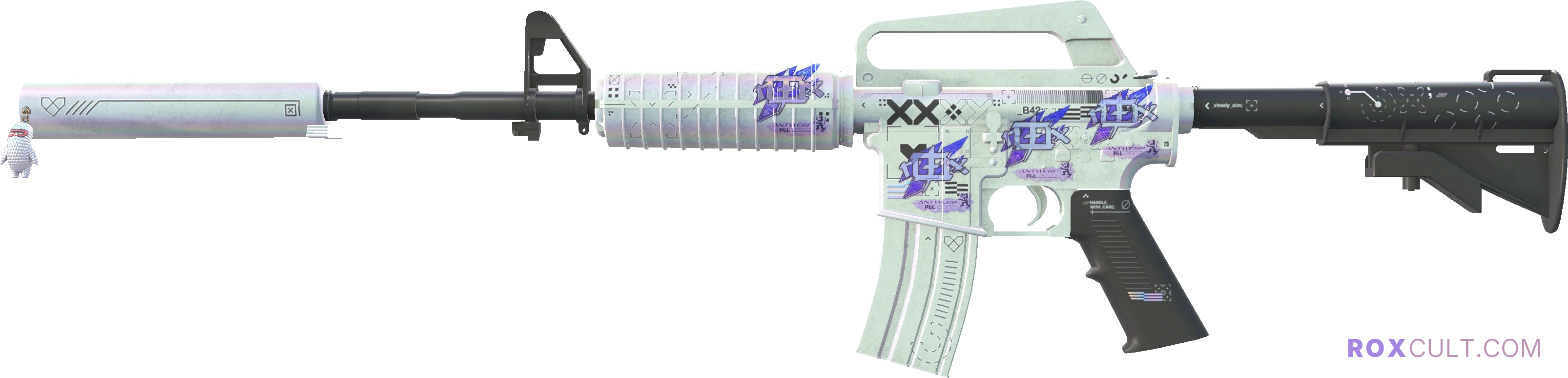 M4A1-S | Printstream (Field-Tested) — rox (Holo) Antwerp 2022 craft, playside view with 4 rox (Holo) stickers