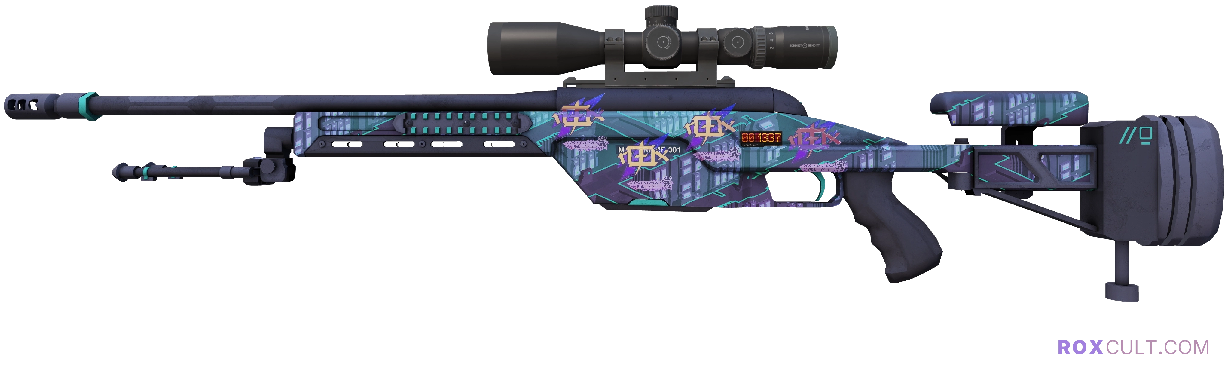 StatTrak™ SSG 08 | Mainframe 001 (Factory New) — rox (Holo) Antwerp 2022 craft, playside view with 4 rox (Holo) stickers