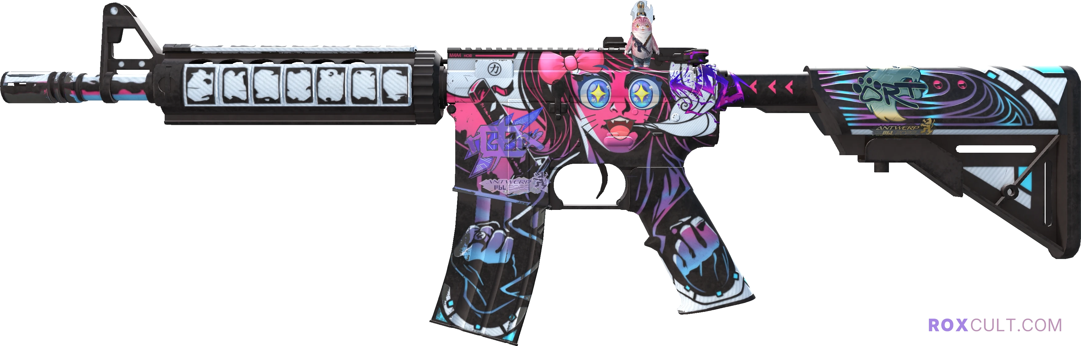 M4A4 | Neo-Noir (Factory New) — rox (Holo) Antwerp 2022 craft, playside view with 1 rox (Holo) sticker