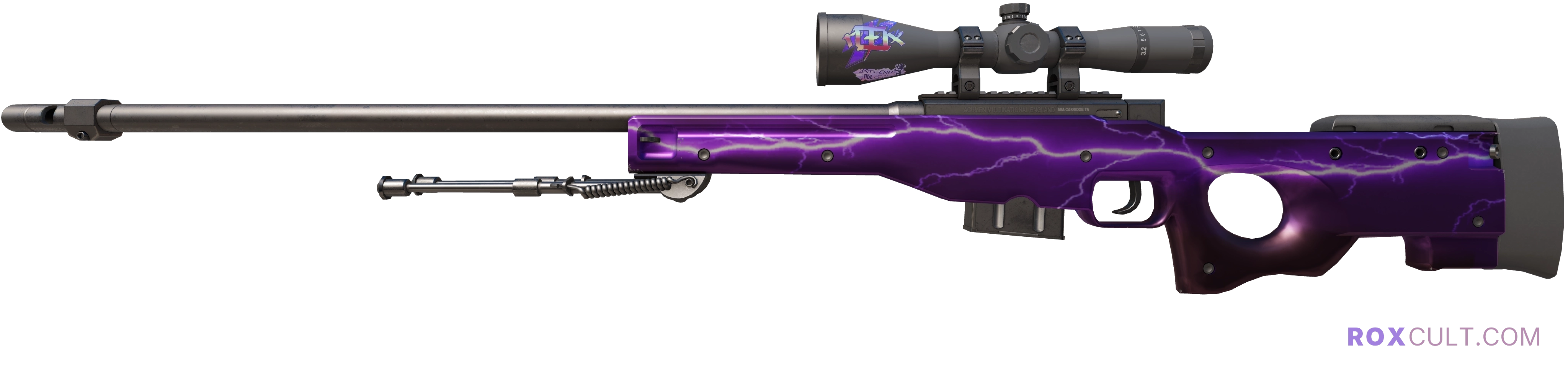 AWP | Lightning Strike (Factory New) — rox (Holo) Antwerp 2022 craft, playside view with 1 rox (Holo) sticker