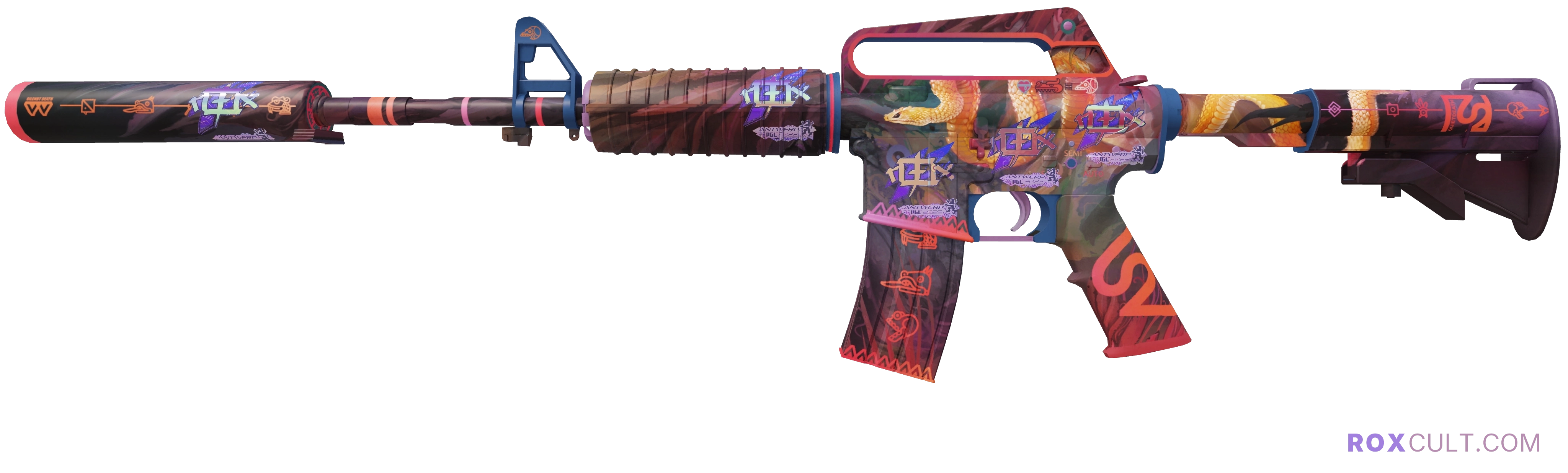 M4A1-S | Welcome to the Jungle (Factory New) — rox (Holo) Antwerp 2022 craft, playside view with 5 rox (Holo) stickers