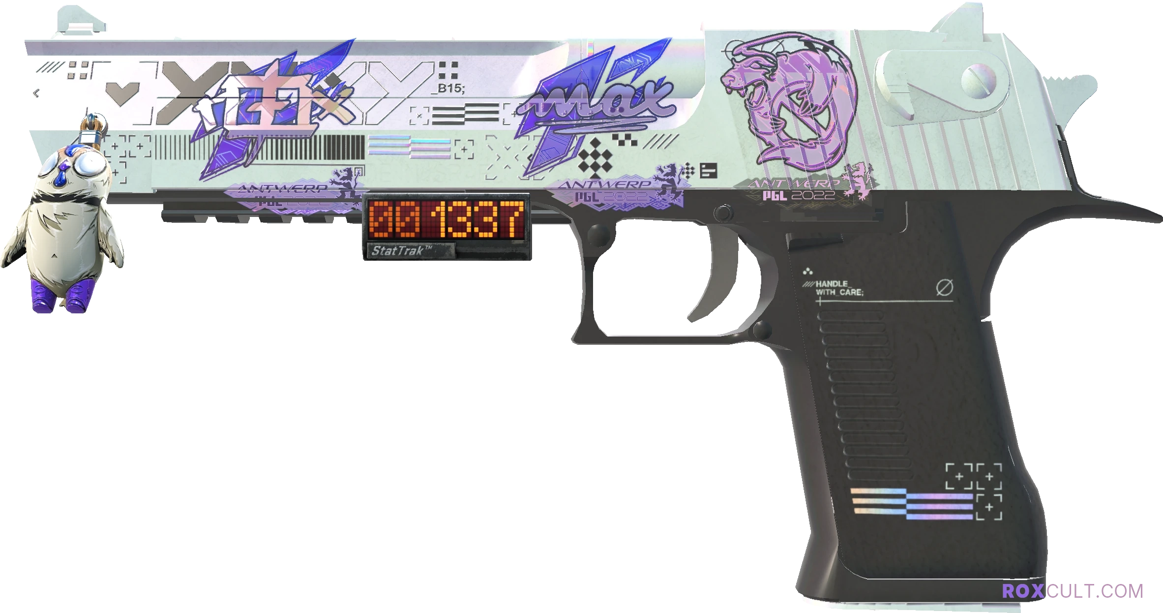 StatTrak™ Desert Eagle | Printstream (Minimal Wear) — rox (Holo) Antwerp 2022 craft, playside view with 1 rox (Holo) sticker