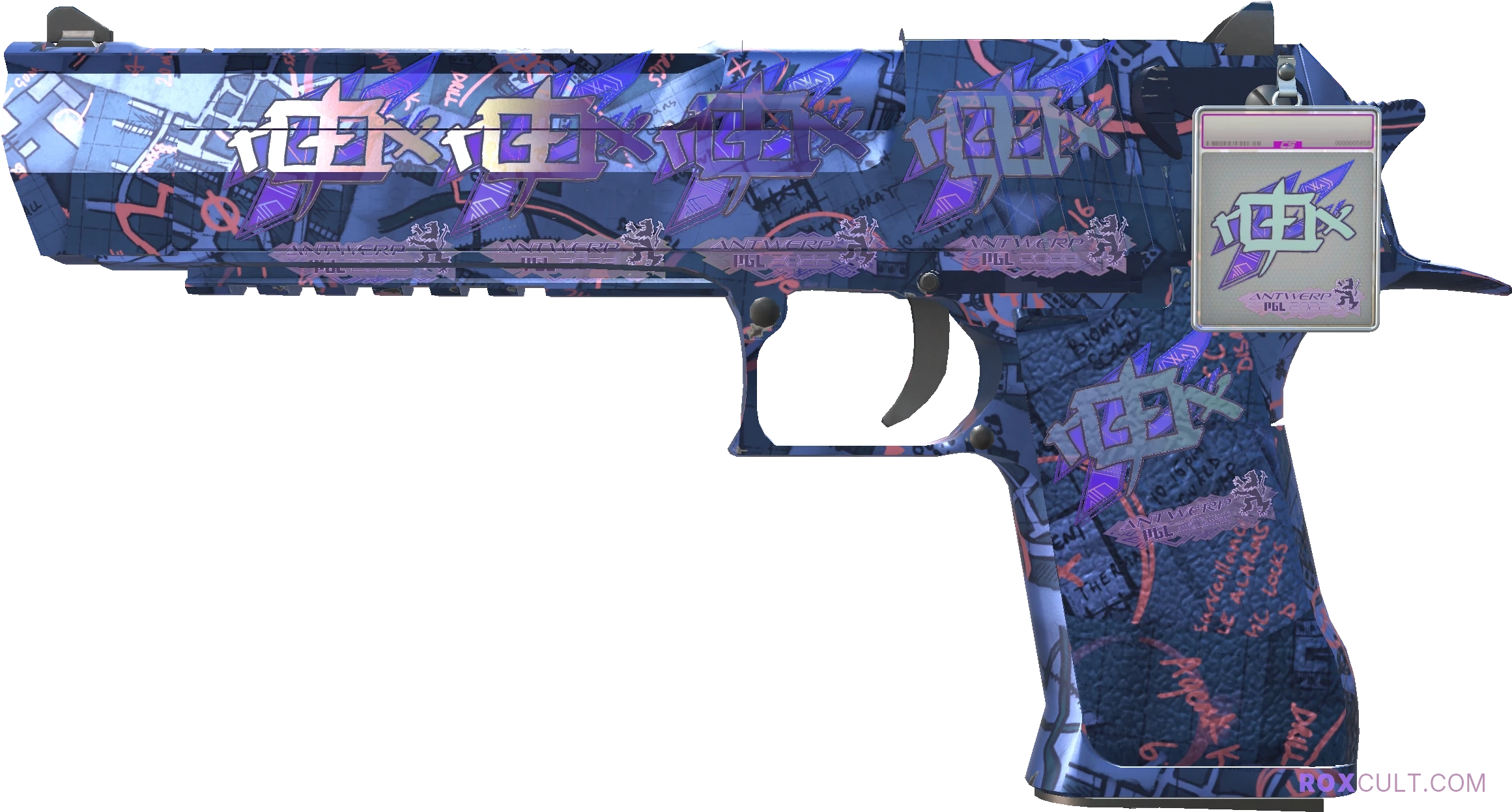 Desert Eagle | Night Heist (Factory New) — rox (Holo) Antwerp 2022 craft, playside view with 5 rox (Holo) stickers