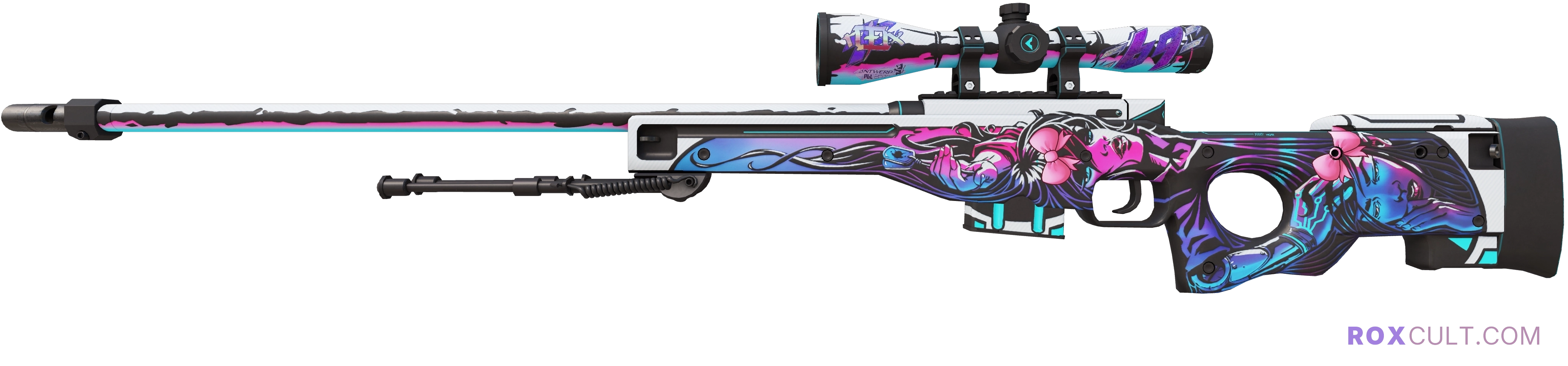 AWP | Neo-Noir (Factory New) — rox (Holo) Antwerp 2022 craft, playside view with 1 rox (Holo) sticker