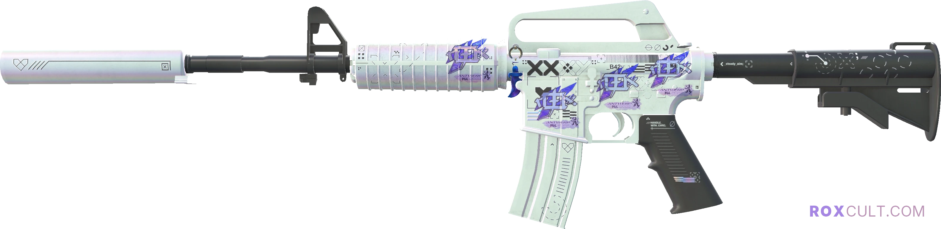 M4A1-S | Printstream (Factory New) — rox (Holo) Antwerp 2022 craft, playside view with 4 rox (Holo) stickers