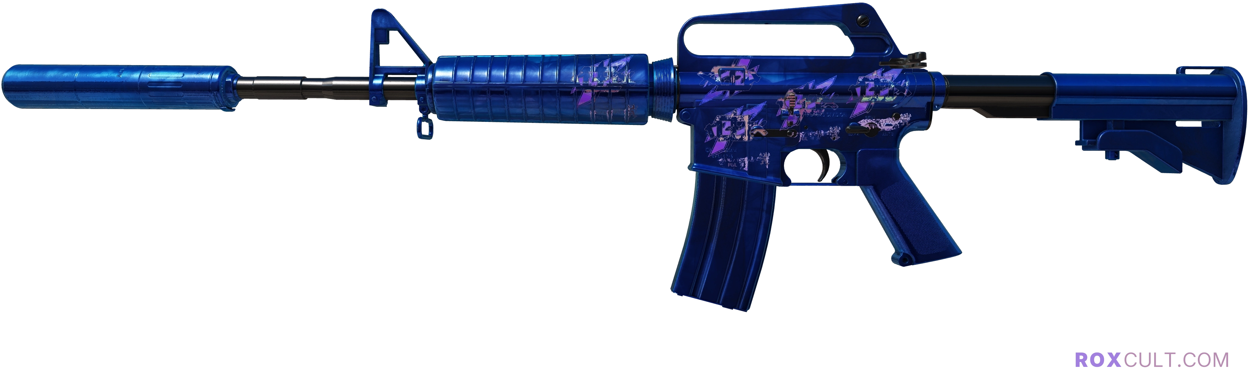 M4A1-S | Blue Phosphor (Factory New) — rox (Holo) Antwerp 2022 craft, playside view with 5 rox (Holo) stickers