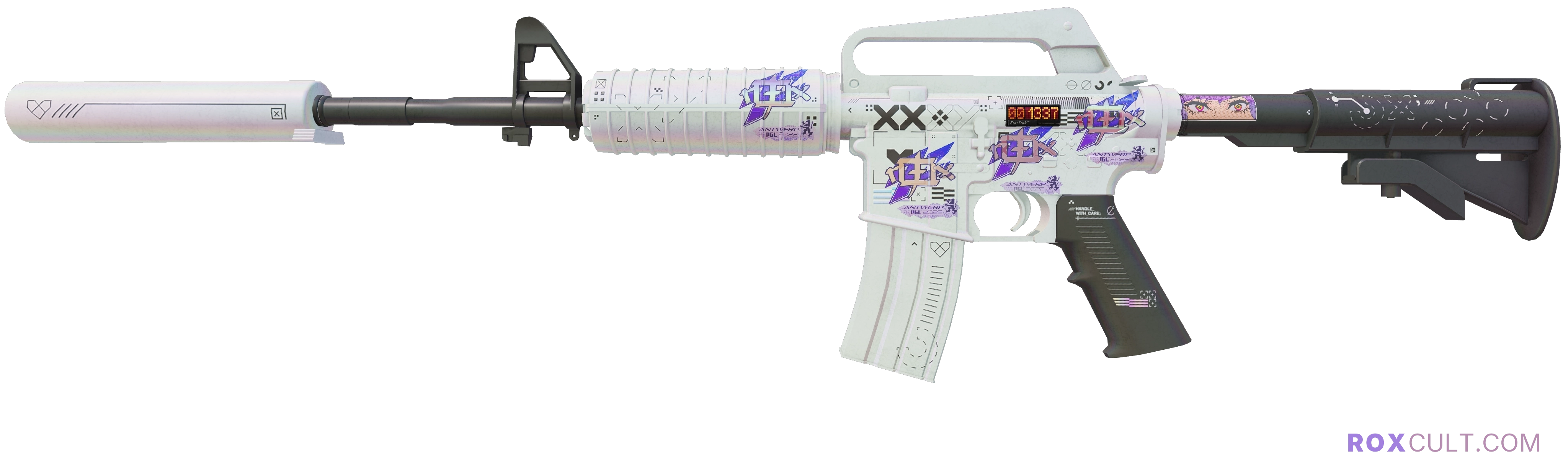 StatTrak™ M4A1-S | Printstream (Field-Tested) — rox (Holo) Antwerp 2022 craft, playside view with 4 rox (Holo) stickers