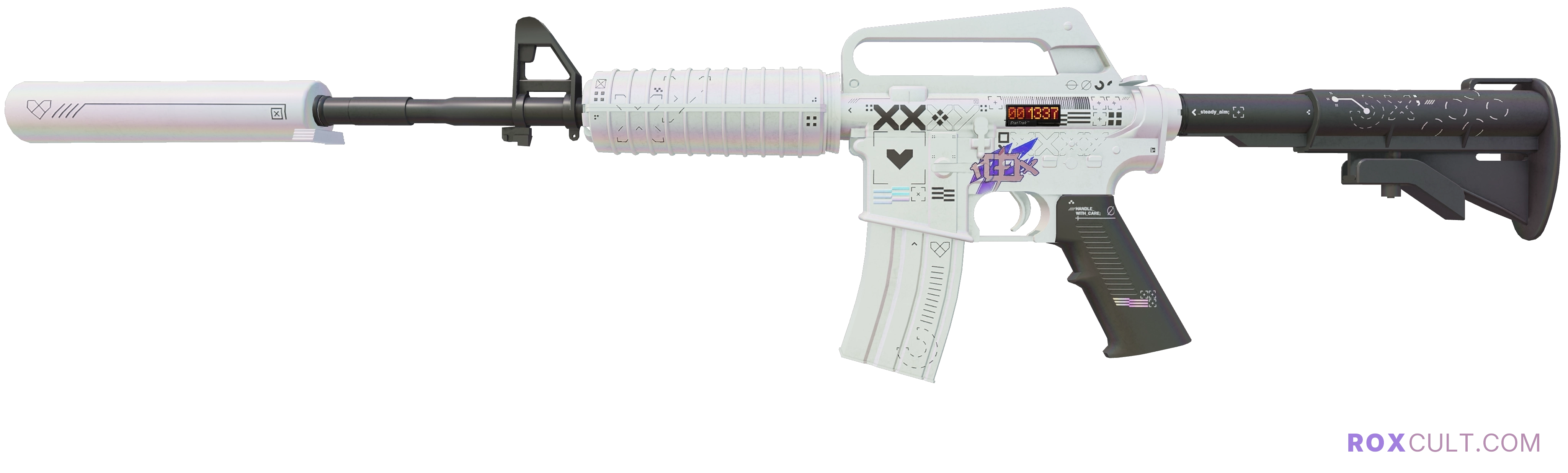 StatTrak™ M4A1-S | Printstream (Factory New) — rox (Holo) Antwerp 2022 craft, playside view with 1 rox (Holo) sticker