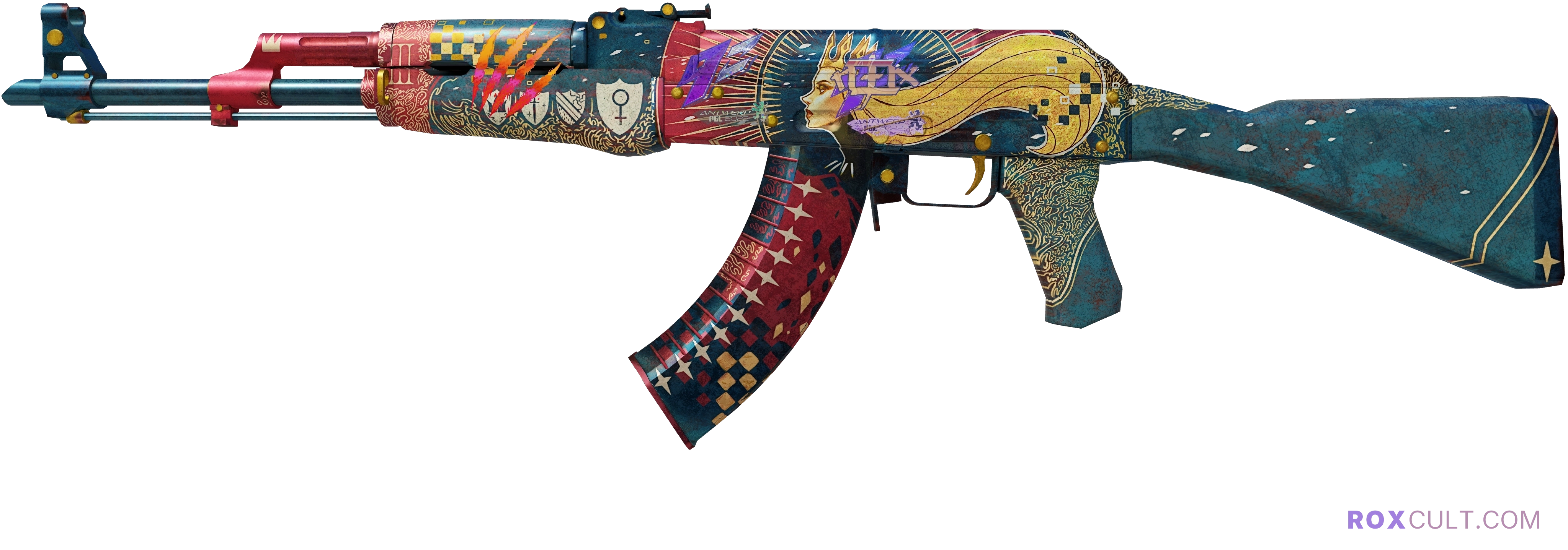 AK-47 | The Empress (Battle-Scarred) — rox (Holo) Antwerp 2022 craft, playside view with 1 rox (Holo) sticker