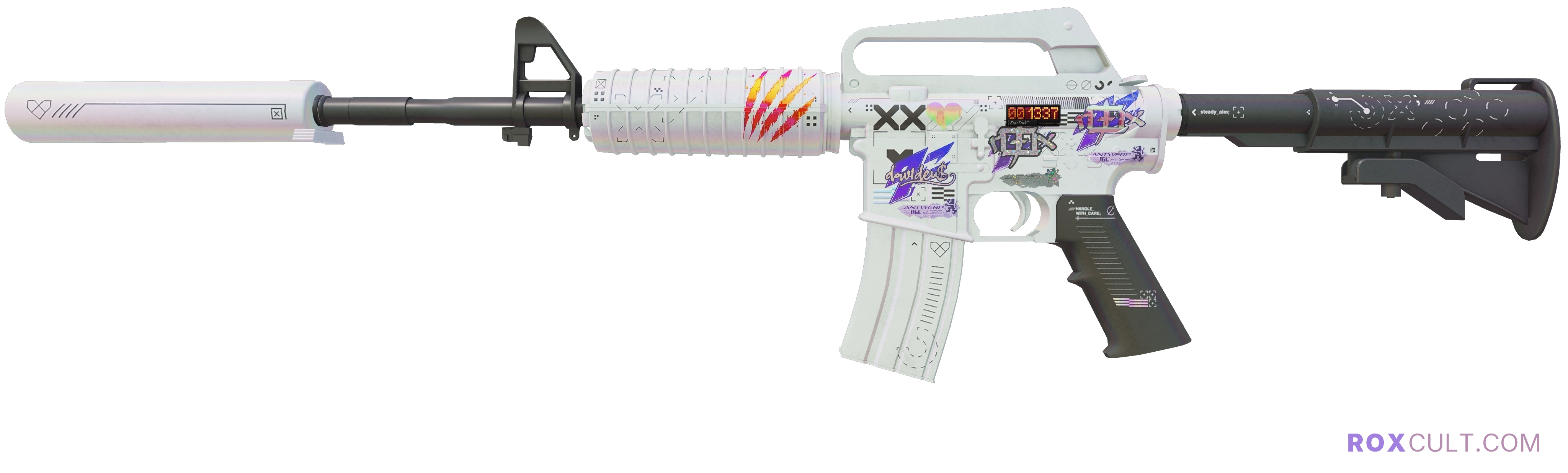 StatTrak™ M4A1-S | Printstream (Minimal Wear) — rox (Holo) Antwerp 2022 craft, playside view with 1 rox (Holo) sticker