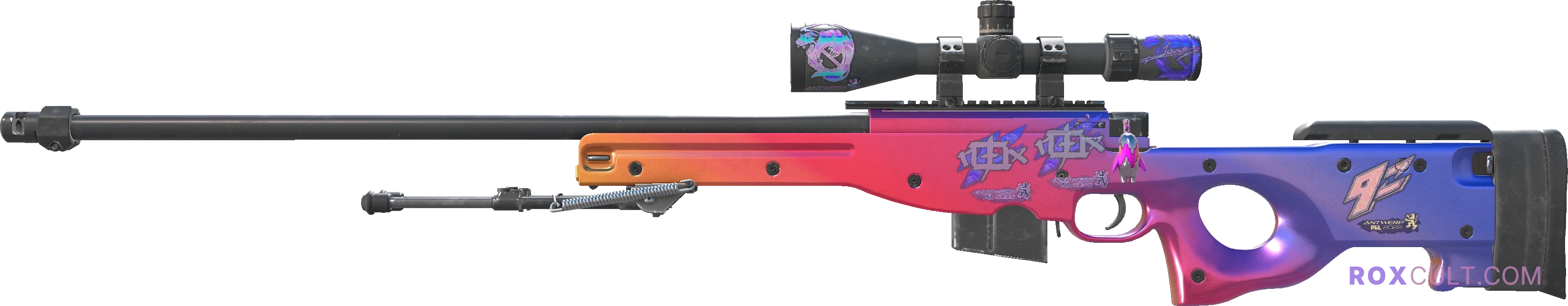 AWP | Fade (Factory New) — rox (Holo) Antwerp 2022 craft, playside view with 2 rox (Holo) stickers