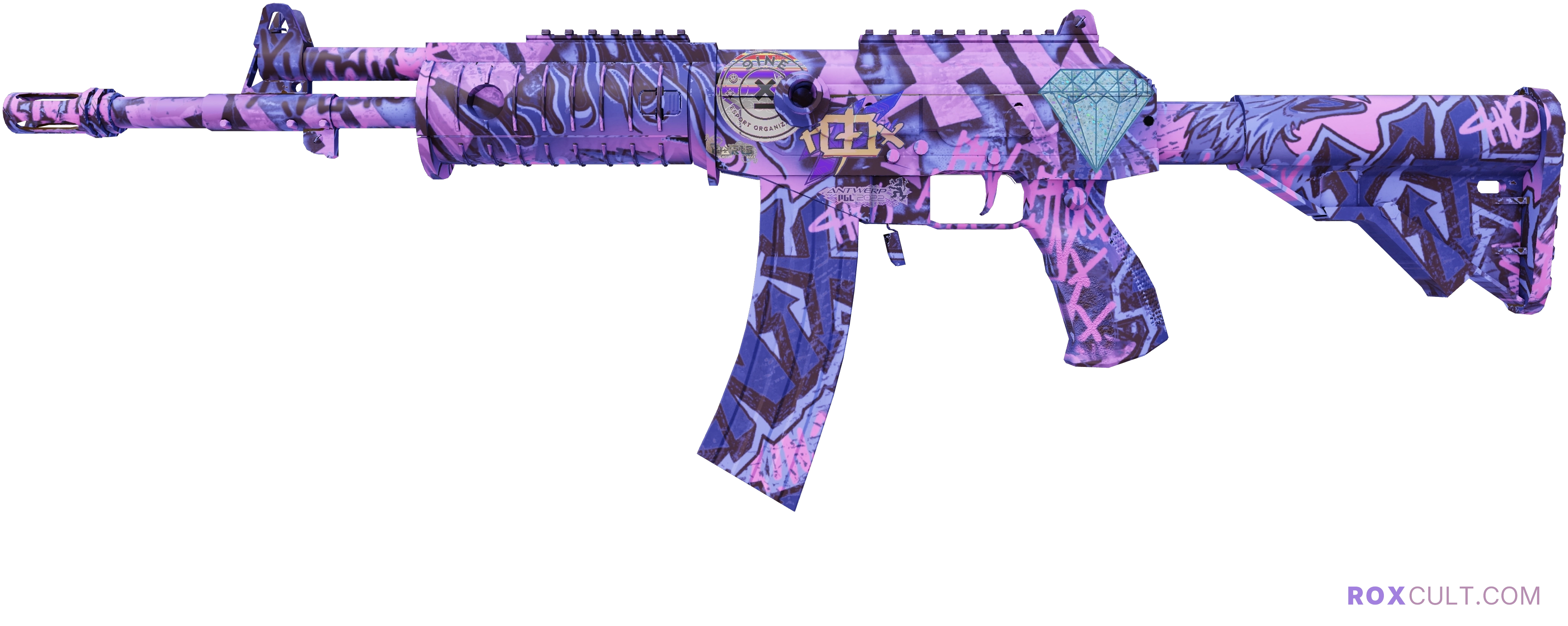 Galil AR | Phoenix Blacklight (Factory New) — rox (Holo) Antwerp 2022 craft, playside view with 1 rox (Holo) sticker