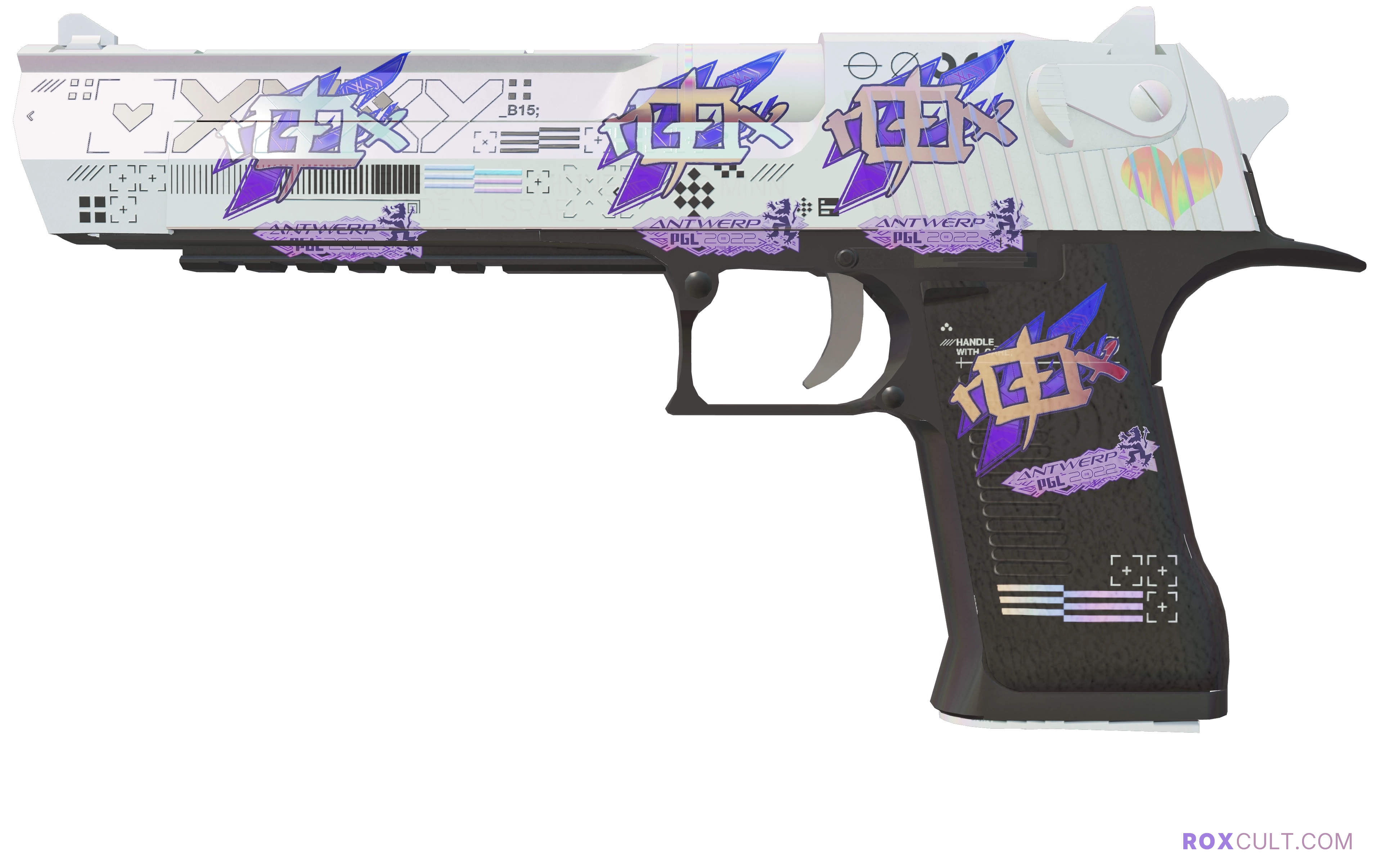 Desert Eagle | Printstream (Factory New) — rox (Holo) Antwerp 2022 craft, playside view with 4 rox (Holo) stickers