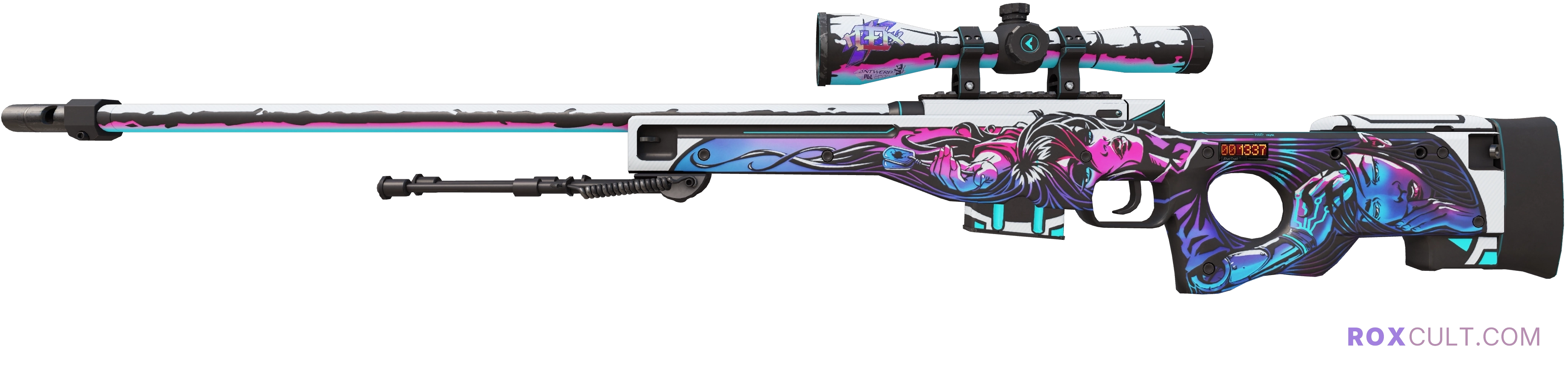 StatTrak™ AWP | Neo-Noir (Factory New) — rox (Holo) Antwerp 2022 craft, playside view with 1 rox (Holo) sticker