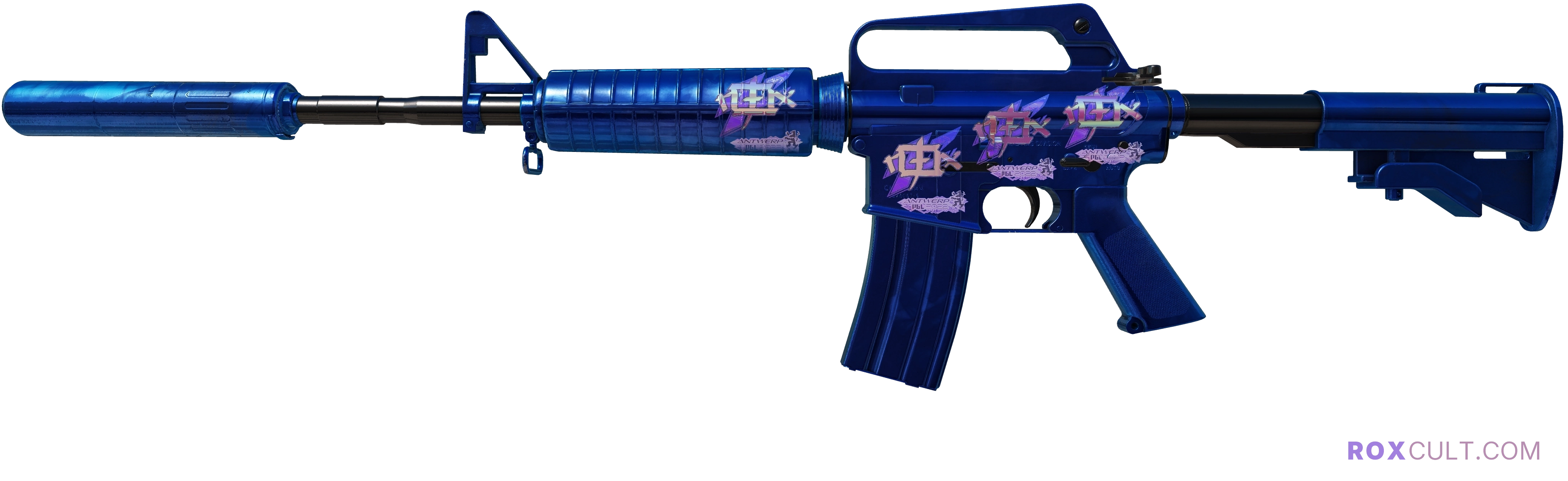 M4A1-S | Blue Phosphor (Factory New) — rox (Holo) Antwerp 2022 craft, playside view with 4 rox (Holo) stickers
