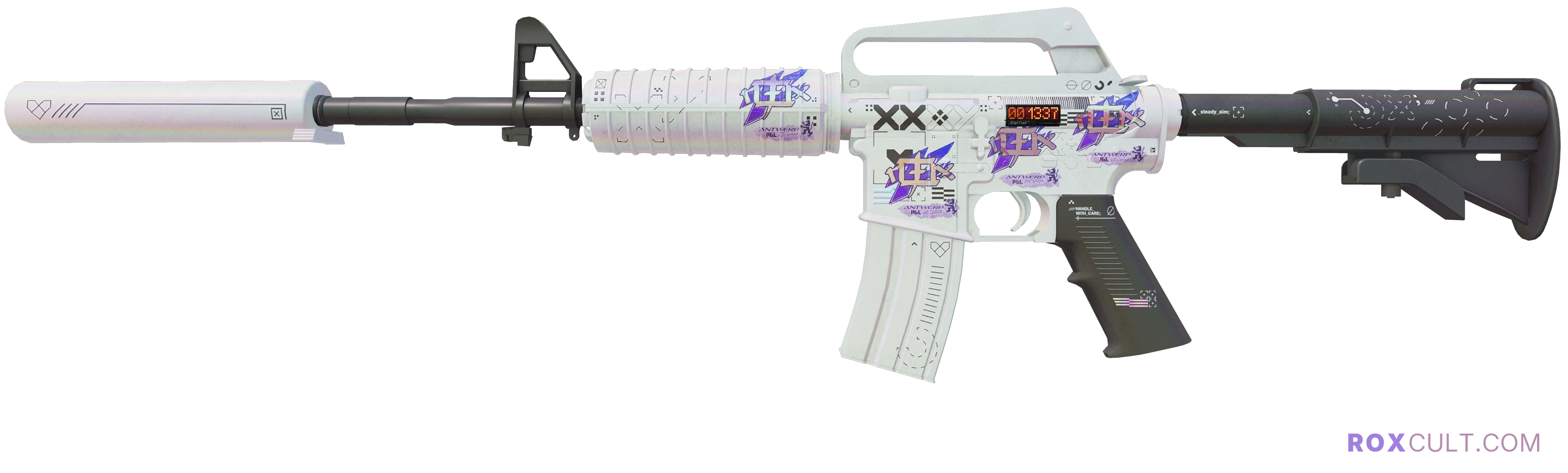 StatTrak™ M4A1-S | Printstream (Minimal Wear) — rox (Holo) Antwerp 2022 craft, playside view with 4 rox (Holo) stickers