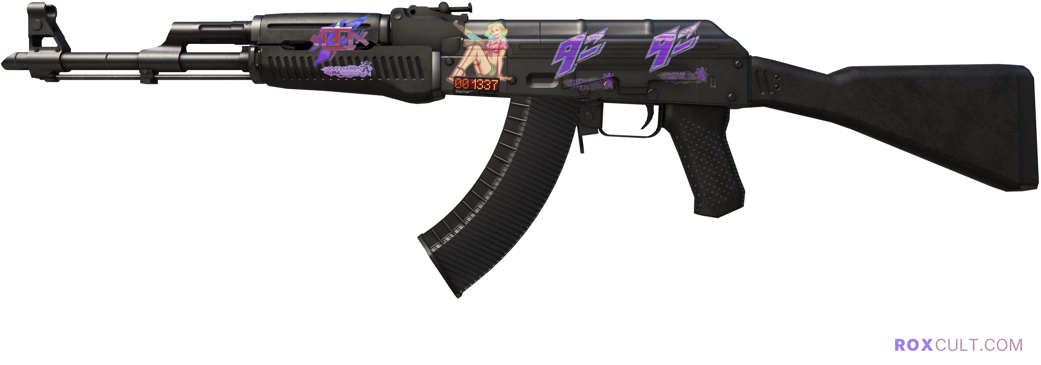StatTrak™ AK-47 | Slate (Minimal Wear) — rox (Holo) Antwerp 2022 craft, playside view with 1 rox (Holo) sticker