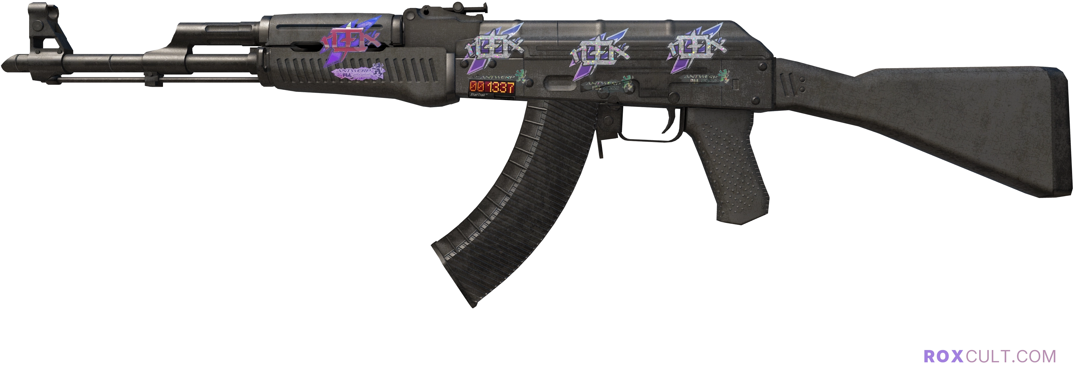 StatTrak™ AK-47 | Slate (Battle-Scarred) — rox (Holo) Antwerp 2022 craft, playside view with 1 rox (Holo) sticker