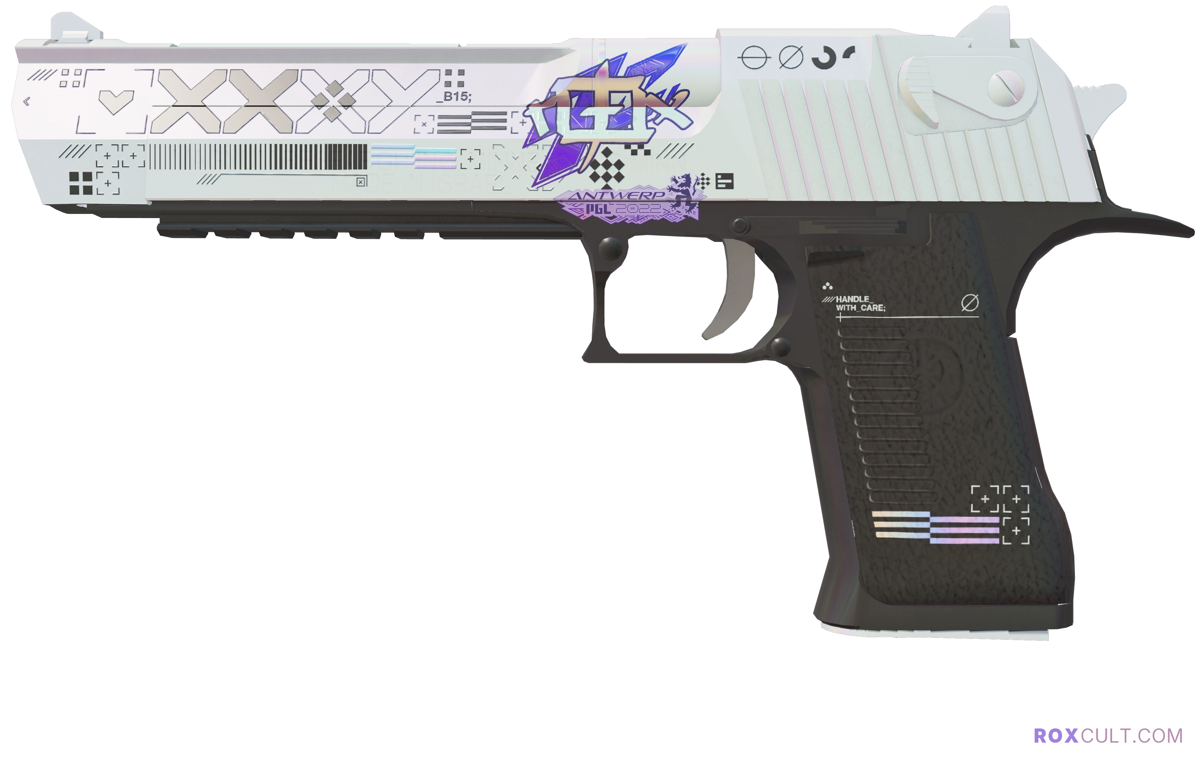 Desert Eagle | Printstream (Factory New) — rox (Holo) Antwerp 2022 craft, playside view with 1 rox (Holo) sticker