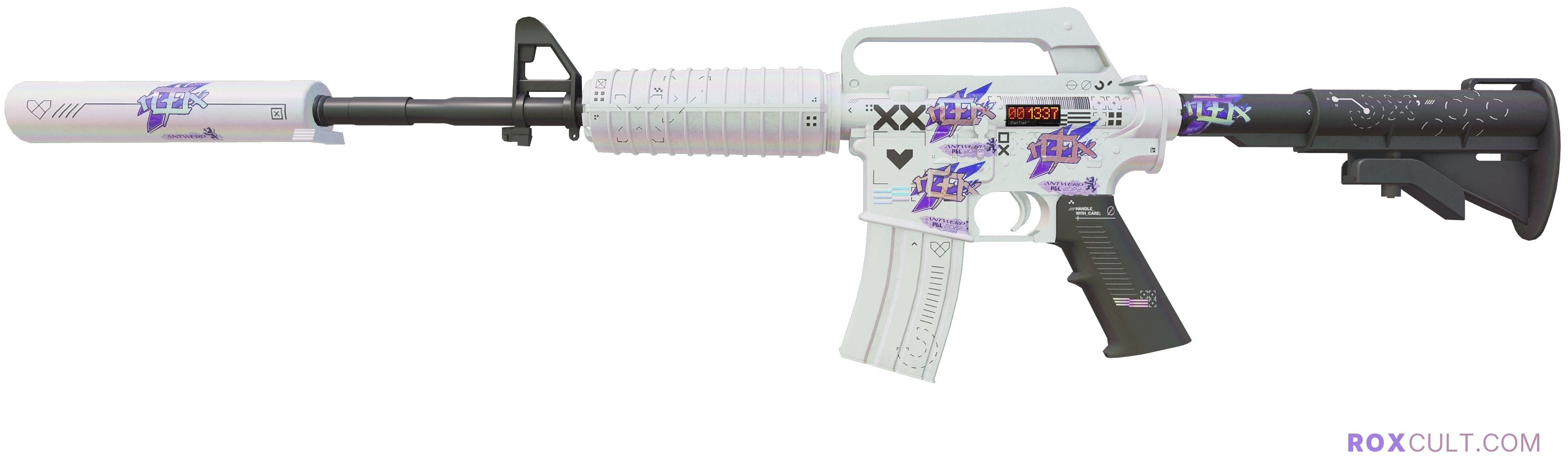 StatTrak™ M4A1-S | Printstream (Minimal Wear) — rox (Holo) Antwerp 2022 craft, playside view with 5 rox (Holo) stickers