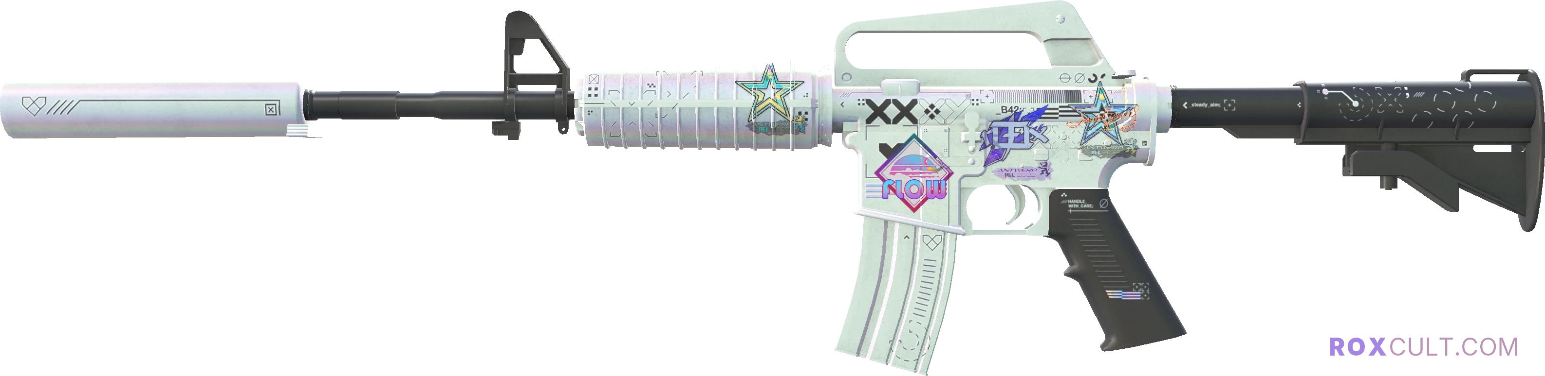 M4A1-S | Printstream (Minimal Wear) — rox (Holo) Antwerp 2022 craft, playside view with 1 rox (Holo) sticker