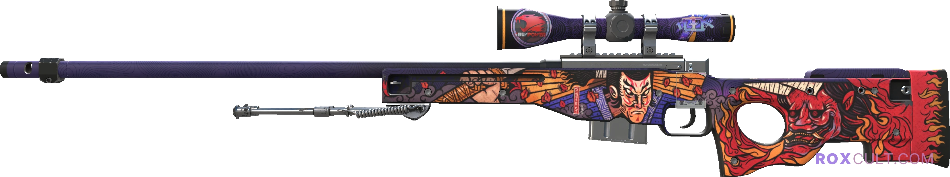 AWP | Oni Taiji (Factory New) — rox (Holo) Antwerp 2022 craft, playside view with 1 rox (Holo) sticker