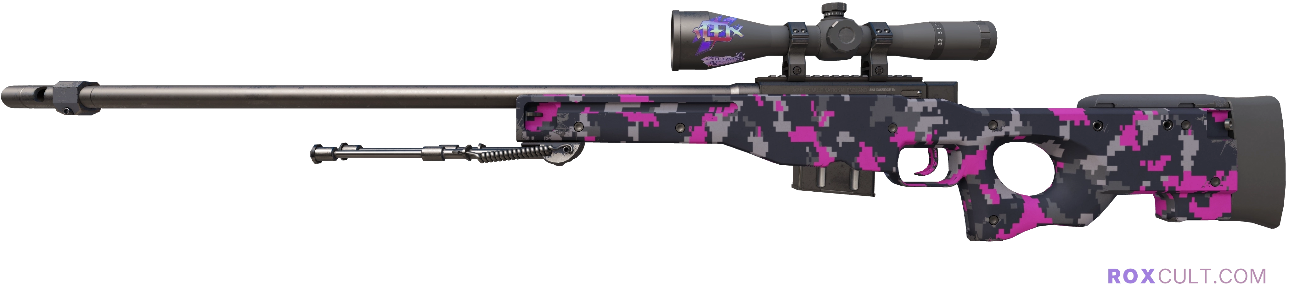 AWP | Pink DDPAT (Minimal Wear) — rox (Holo) Antwerp 2022 craft, playside view with 1 rox (Holo) sticker