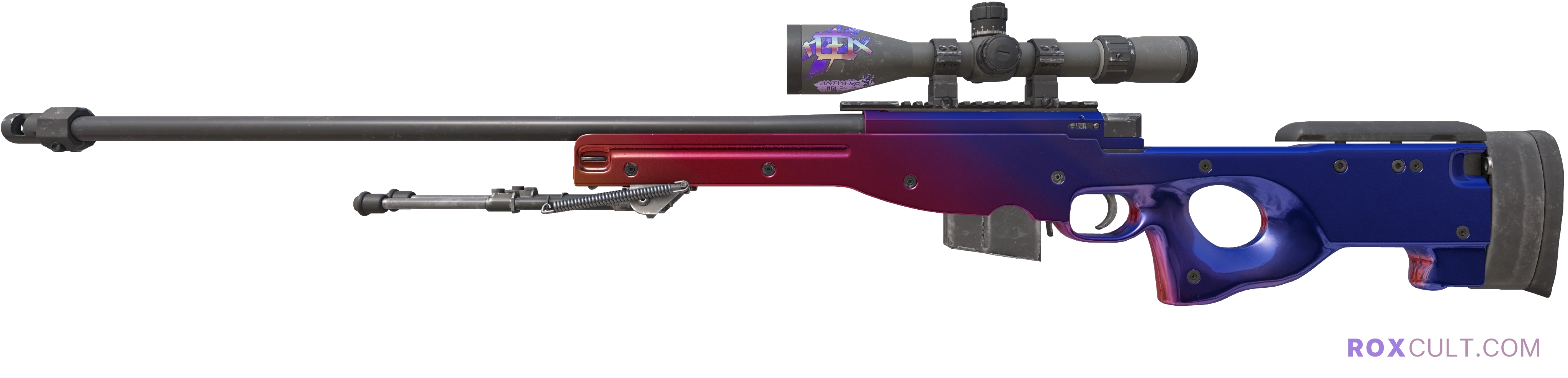 AWP | Fade (Factory New) — rox (Holo) Antwerp 2022 craft, playside view with 1 rox (Holo) sticker