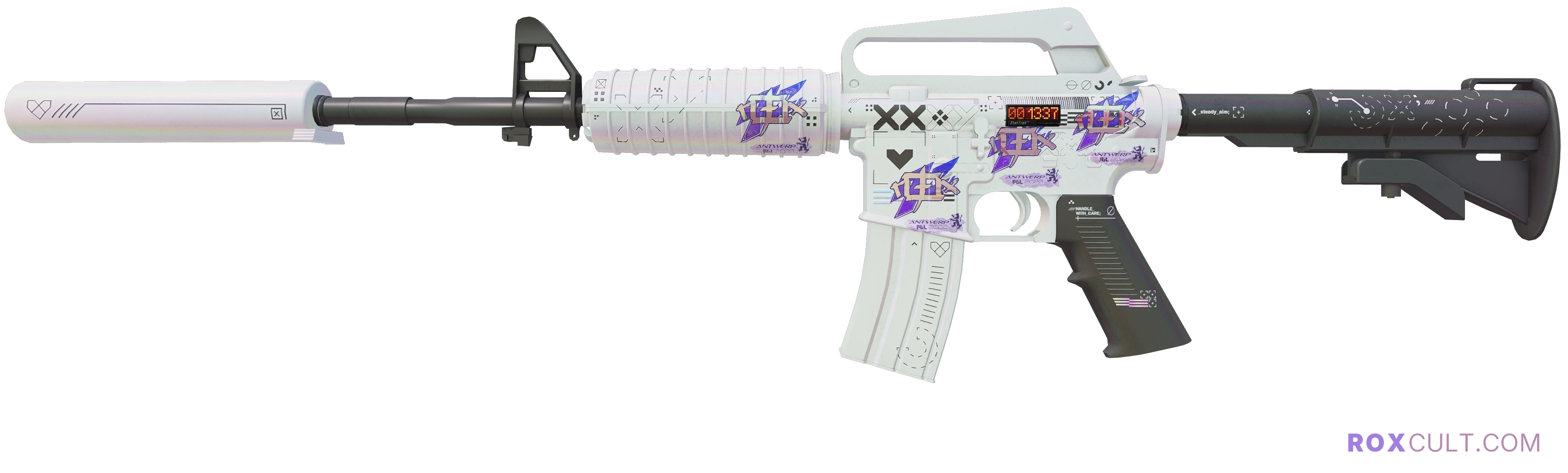 StatTrak™ M4A1-S | Printstream (Factory New) — rox (Holo) Antwerp 2022 craft, playside view with 4 rox (Holo) stickers