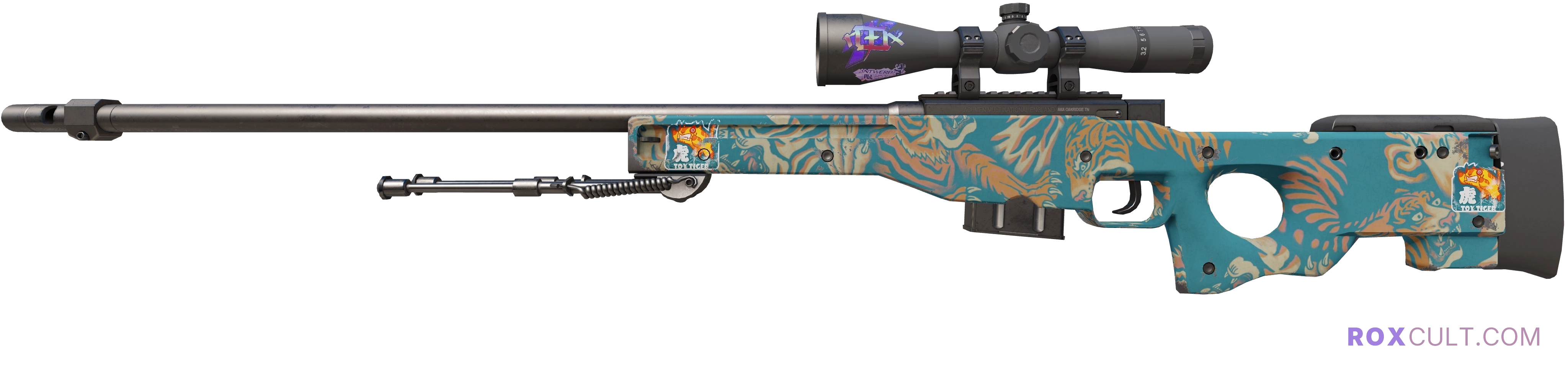 AWP | Silk Tiger (Minimal Wear) — rox (Holo) Antwerp 2022 craft, playside view with 1 rox (Holo) sticker