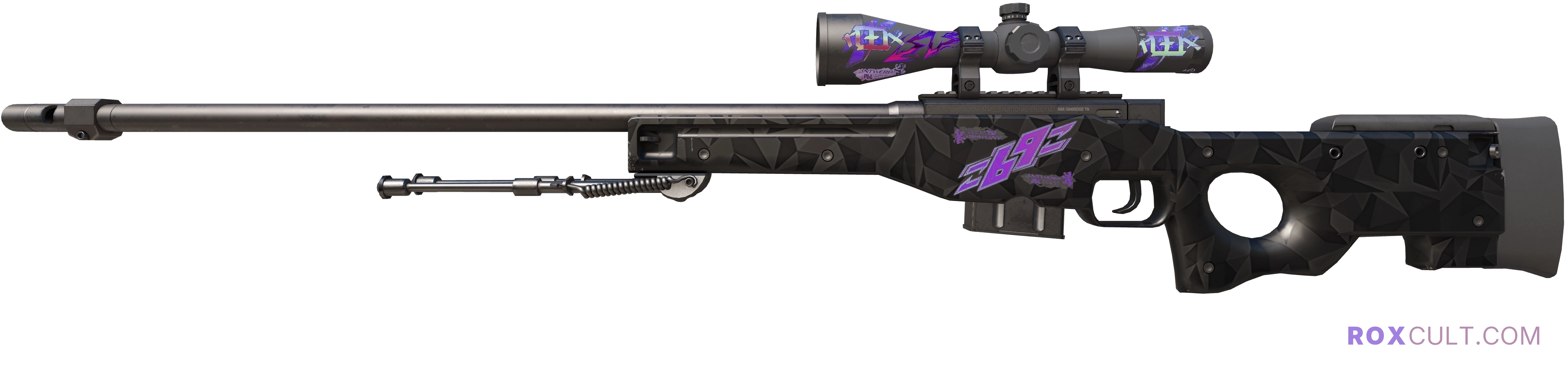 AWP | Graphite (Factory New) — rox (Holo) Antwerp 2022 craft, playside view with 2 rox (Holo) stickers