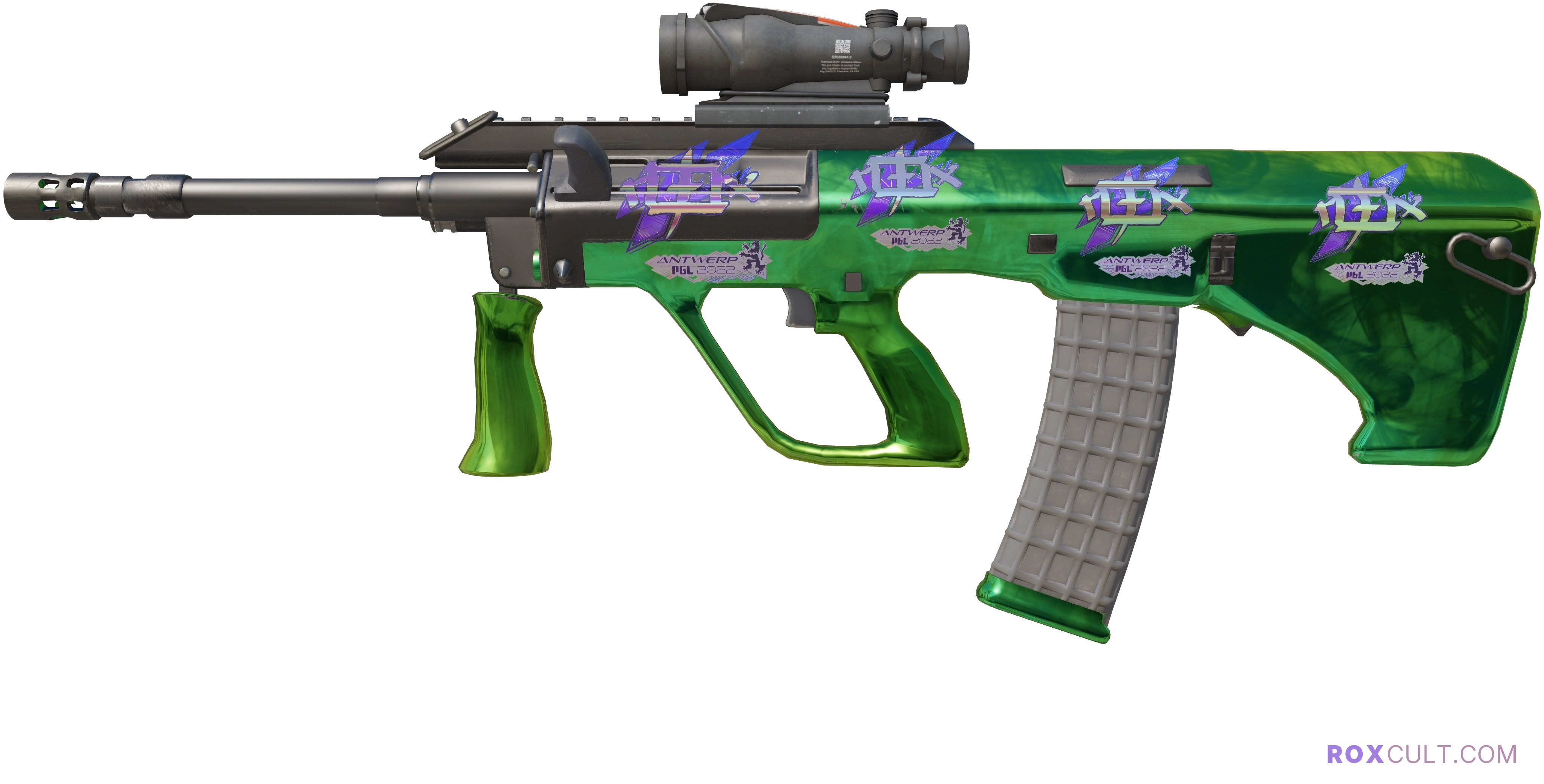 AUG | Carved Jade (Factory New) — rox (Holo) Antwerp 2022 craft, playside view with 4 rox (Holo) stickers
