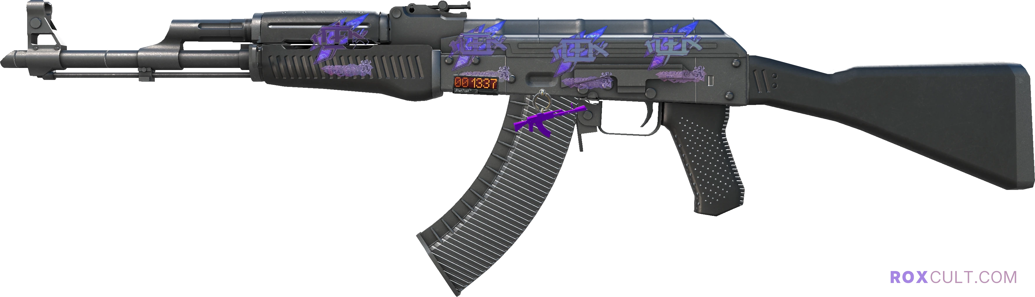 StatTrak™ AK-47 | Slate (Factory New) — rox (Holo) Antwerp 2022 craft, playside view with 4 rox (Holo) stickers