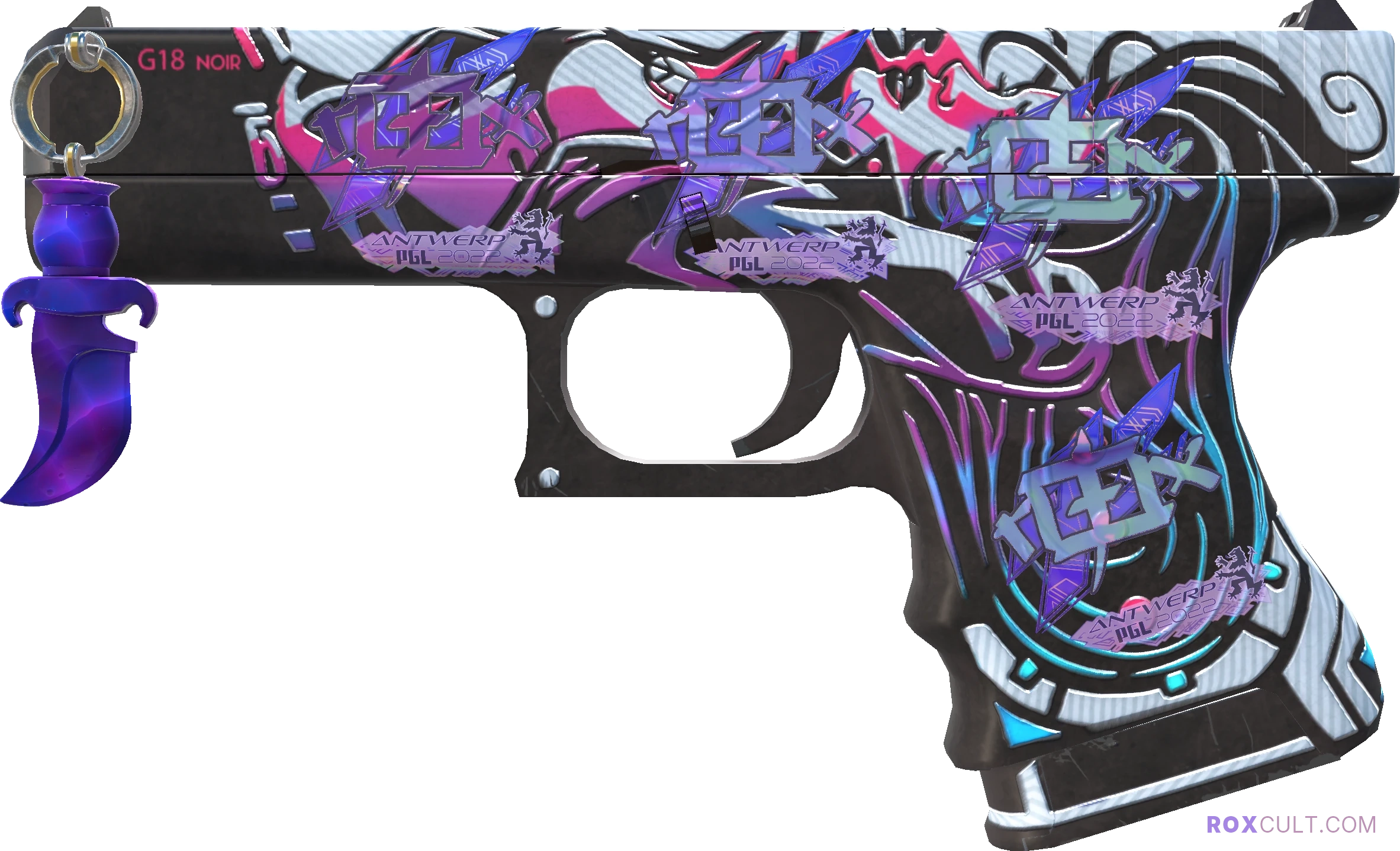Glock-18 | Neo-Noir (Factory New) — rox (Holo) Antwerp 2022 craft, playside view with 4 rox (Holo) stickers