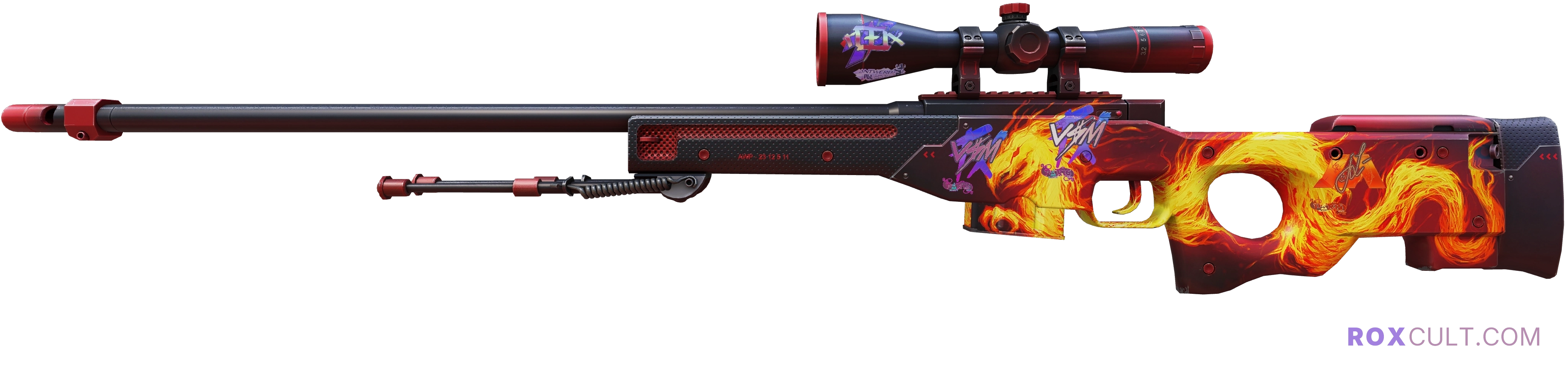 AWP | Wildfire (Factory New) — rox (Holo) Antwerp 2022 craft, playside view with 1 rox (Holo) sticker